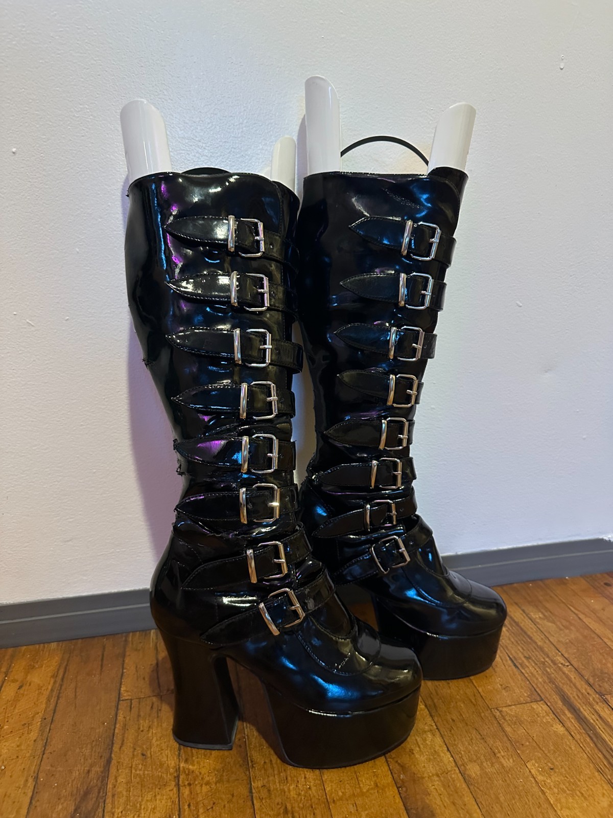 Demonia knee-high Patent Leather Boots, s8, silver hardware adjustable buckles