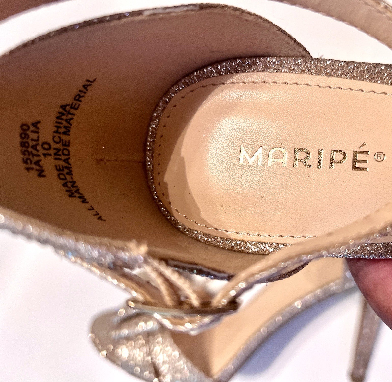 MARIPÉ Gold Glitter Bow T-Strap Strappy Stiletto Heel Buckle Open Toe 10