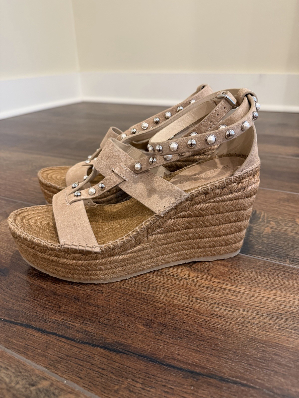 NEW! Jimmy Choo Women’s Suede Light Brown Pearl & Silver Studded Wedges Size 40