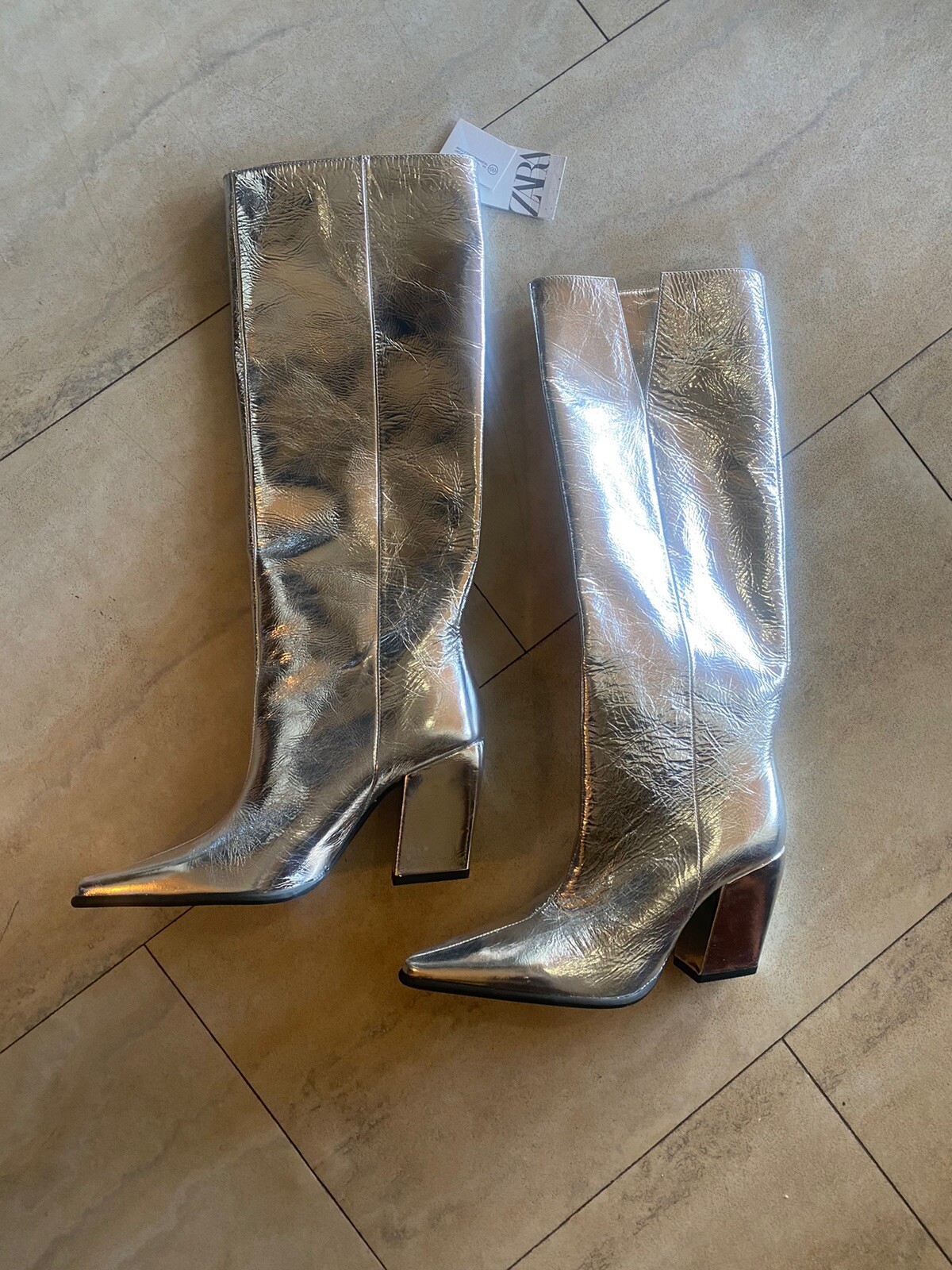 ZARA Silver Metallic Leather Boots NEW WT NB Size 36 EU/ 6 USA