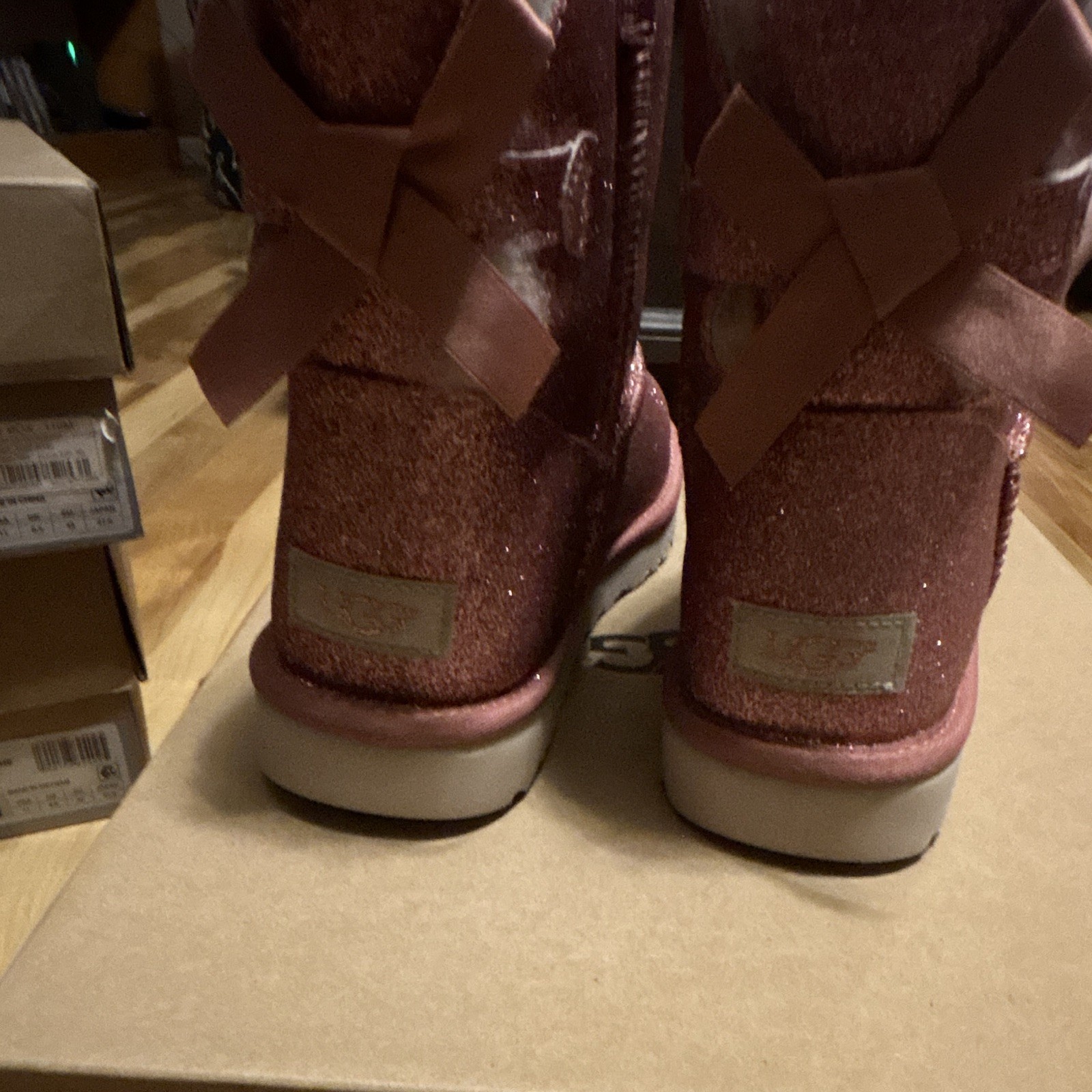 UGG Mini Bailey Bow Sparkle Suede Sheepskin Ankle Boot Pink Women’s 11