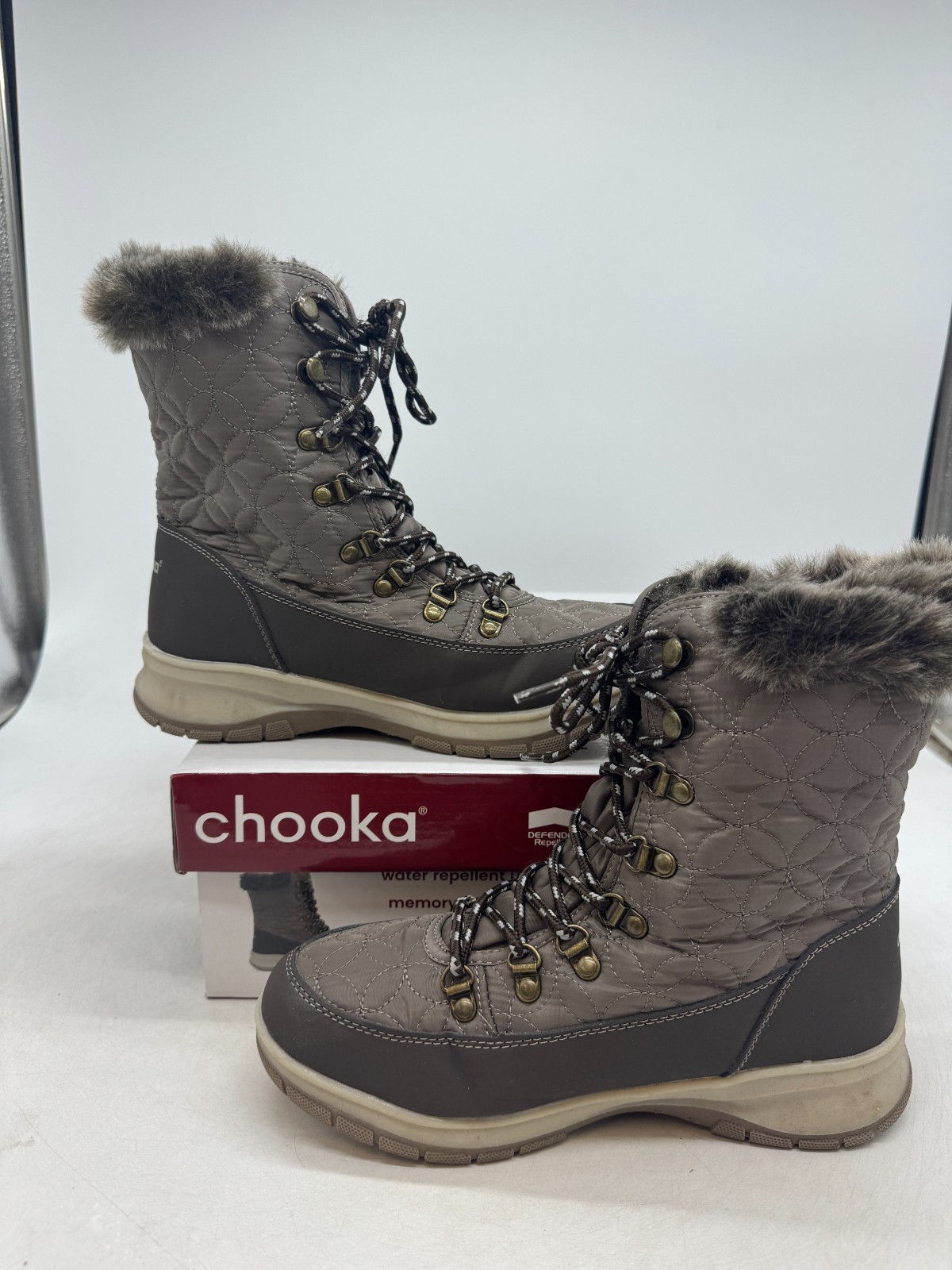 Chooka Insulated Belltown Mid Faux Fur Winter Boots Women’s Taupe Lace Up – 7