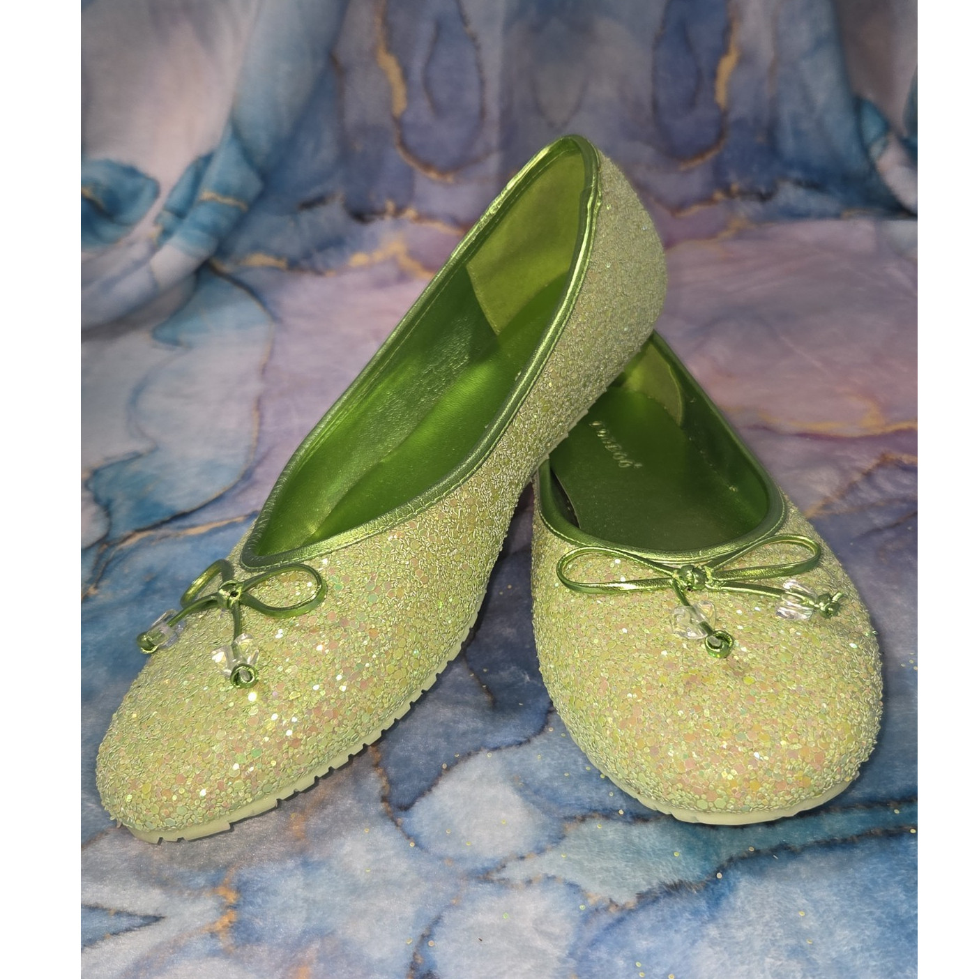 Bamboo* Green Glitter Sparkling Heart Bow Flats Shoes Women Size 8