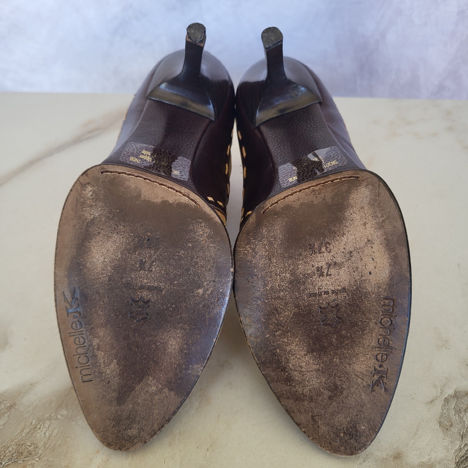 Michelle K Size 37.5/7.5 Shearling Ankle Booties Heels Tan Brown Whipstitch