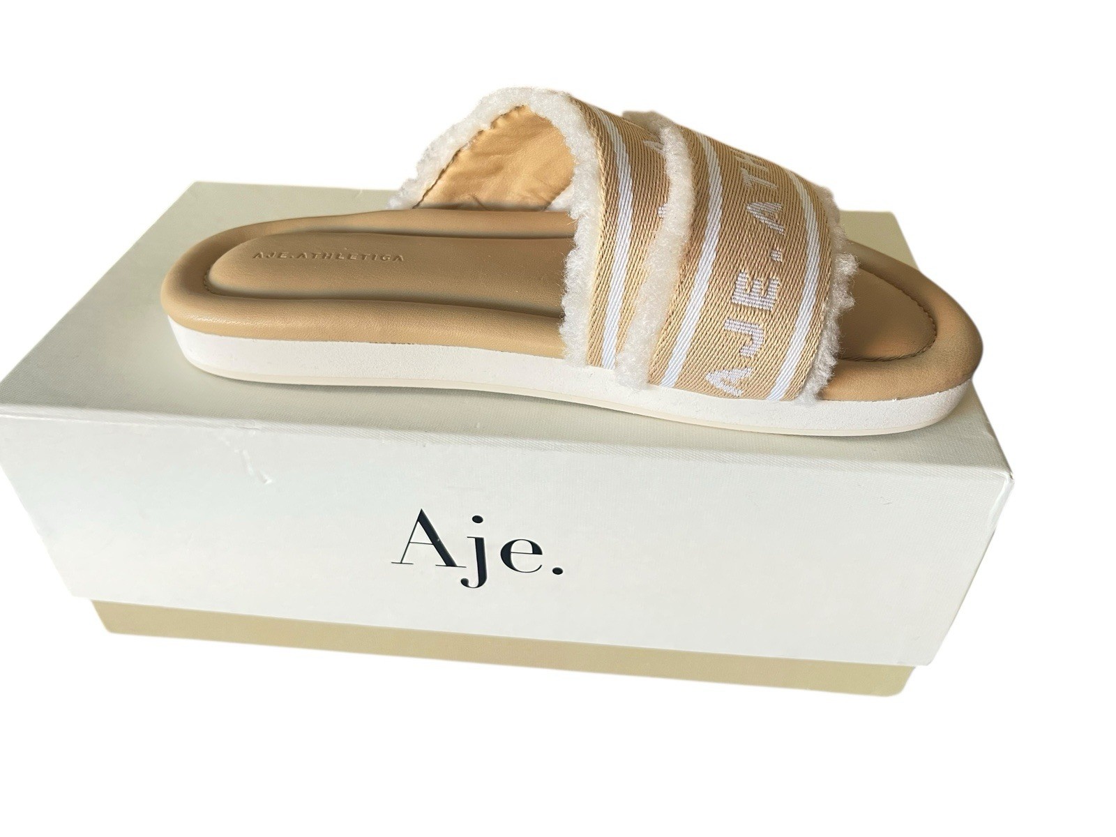 Aje Athletica Puffed Shearling Slides Size EU 37/AU 6/UK 4 Natural Tan BNWT