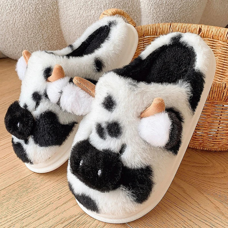Fluffy Women’s Slippers Home Cartoon Cow Designer Winter Shoes Girls Flat Trend