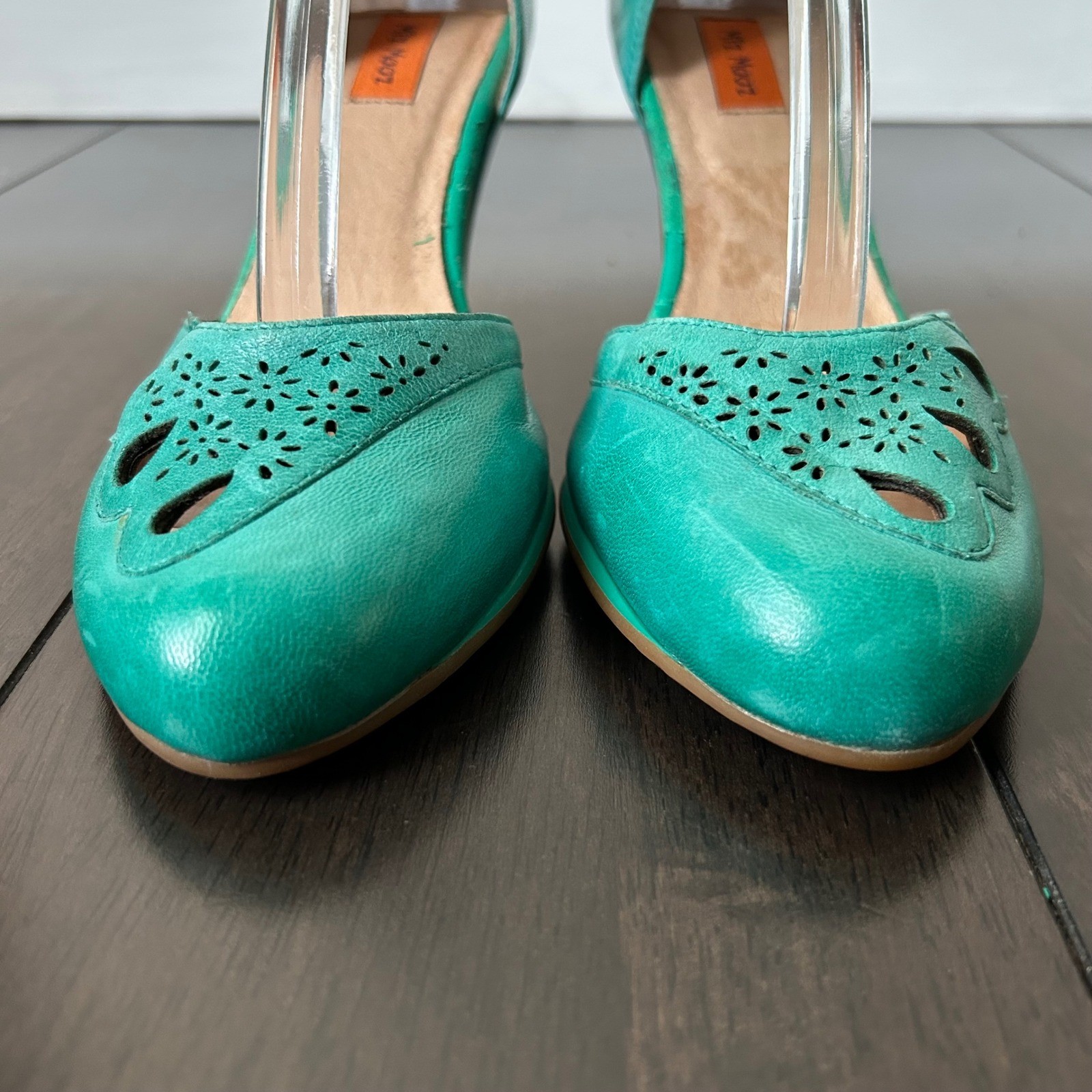 Miz Mooz Teal Leather Laser Cut Scalloped Ankle Strap D’Orsay Cone Heels 7