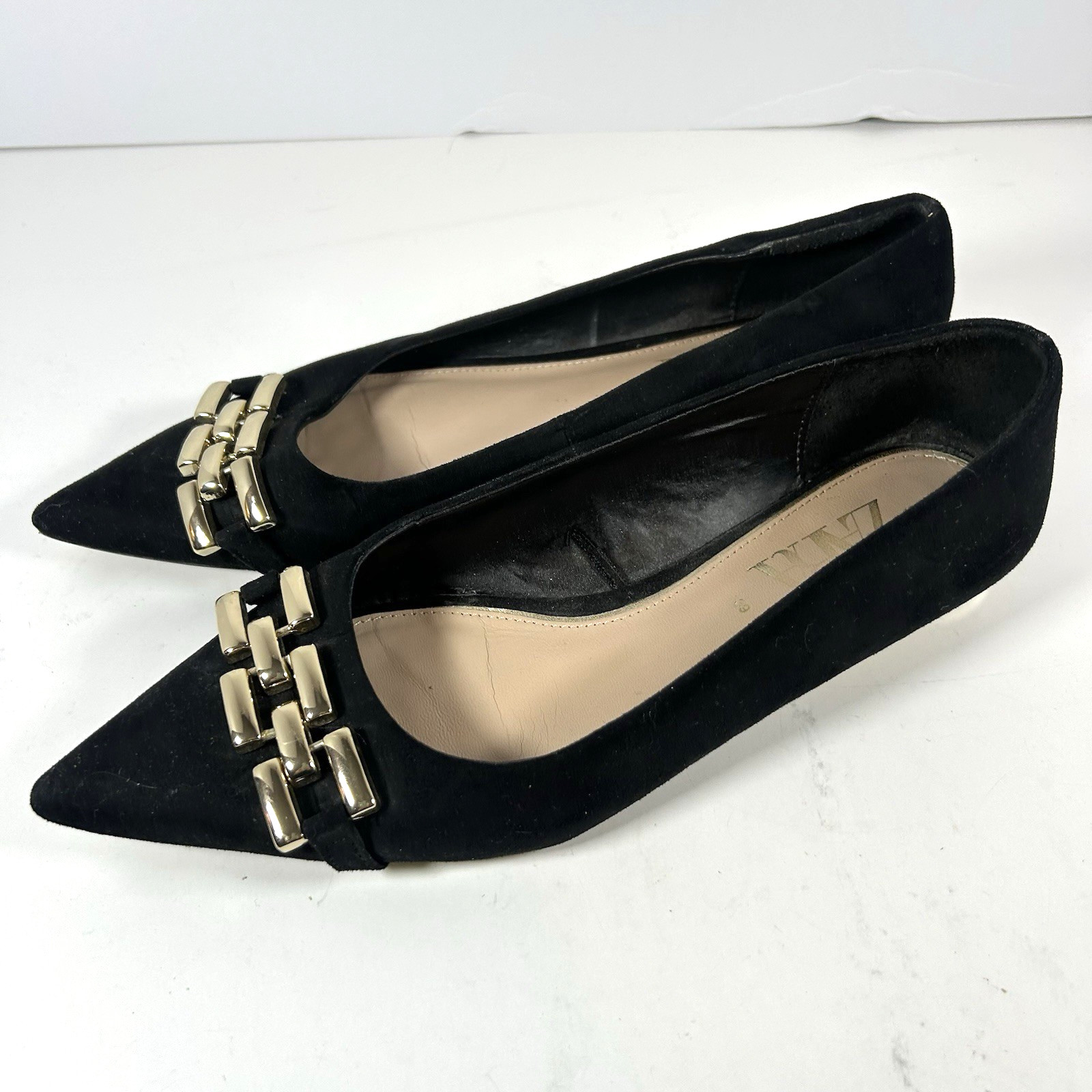 ZARA Black Suede Pointed Toe Flats with Gold LInk Chain & Gold Rimmed Heel