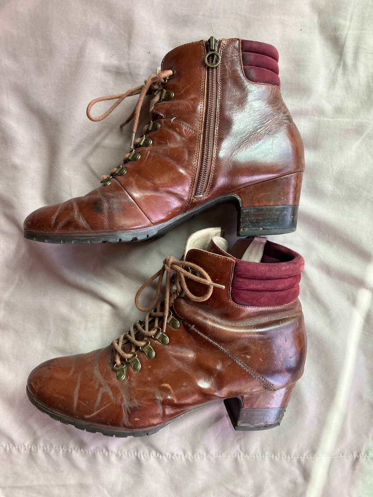 Jambu Burch Womens 10 Brown Leather Lace Up Ankle Boots Side Zip Block Heel