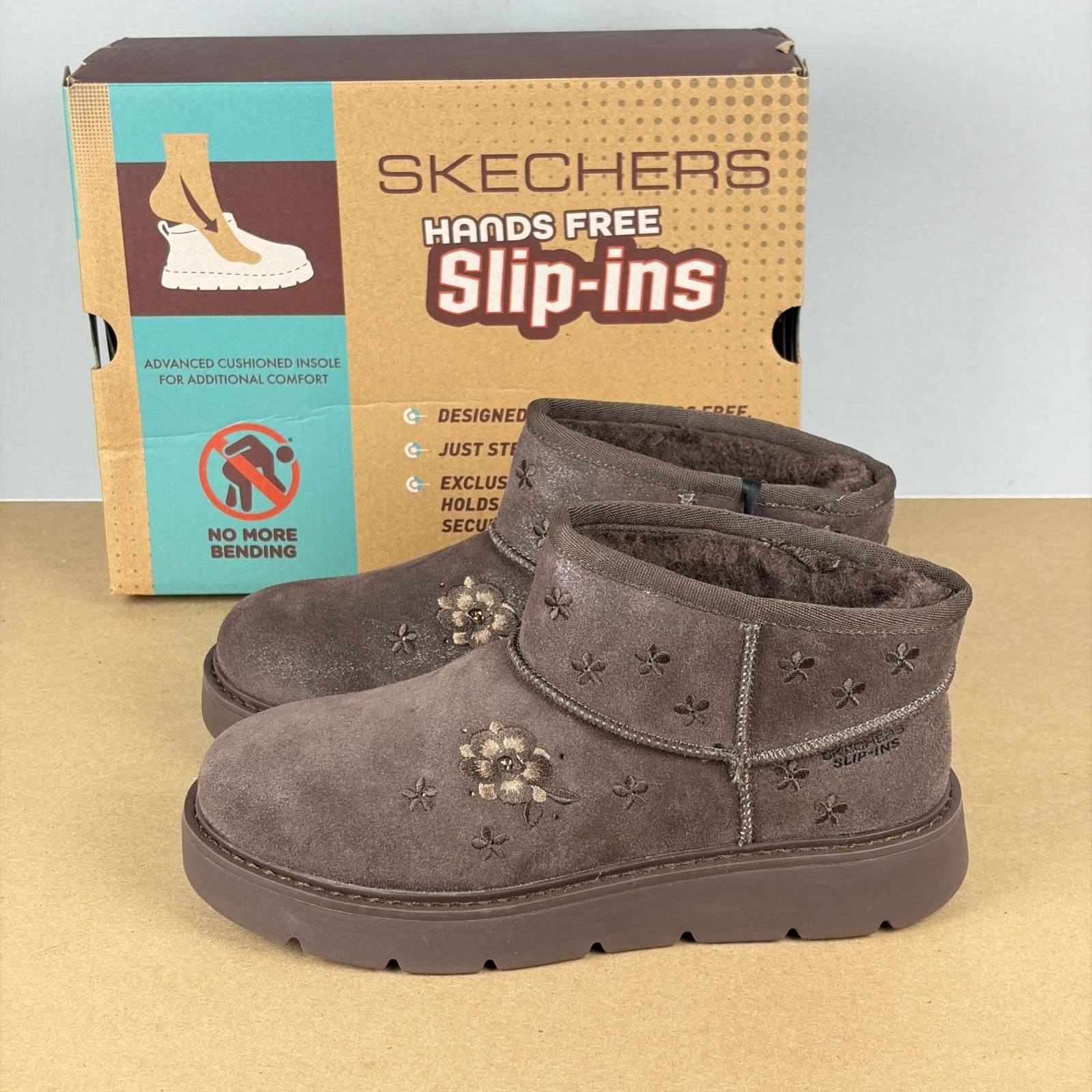 Skechers Slip-Ins Keepsakes Cozy Floral Mini Boots Womens 6.5 Chocolate Brown