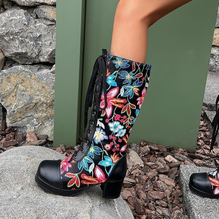 Chic Women’s Floral Printed Pull On Mid Calf Boots Casual Formal Occident Shoes