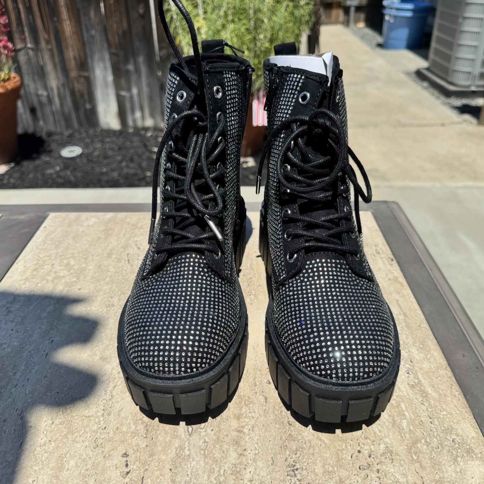 NIB Madden NYC Chunky Women’s Black/Silver Rhinestone Lace-Up Combat Boot 8.5