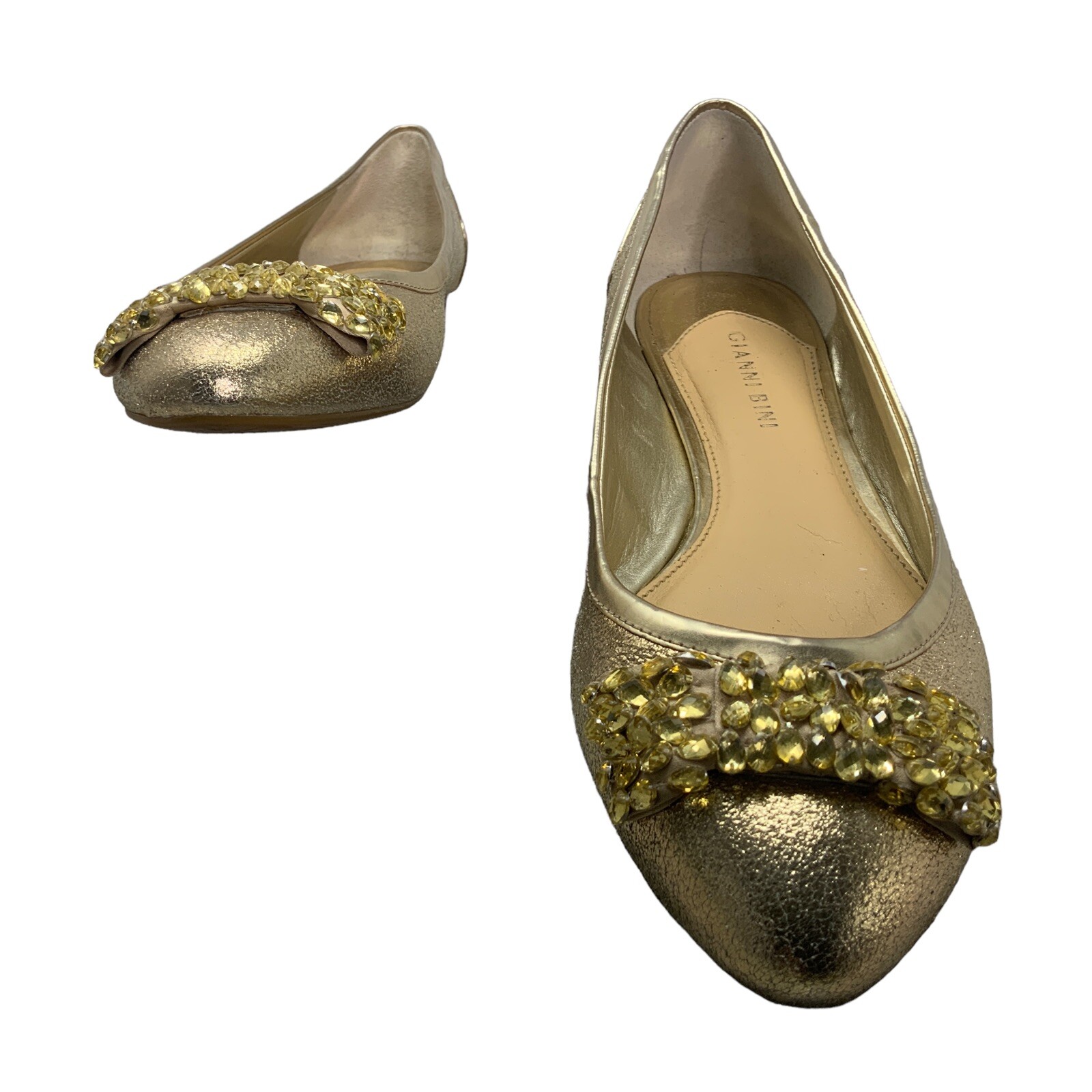 Gianni Bini Size 9.5M Gold Formal Ballet Flat Bow Leather Upper Pointed Toe