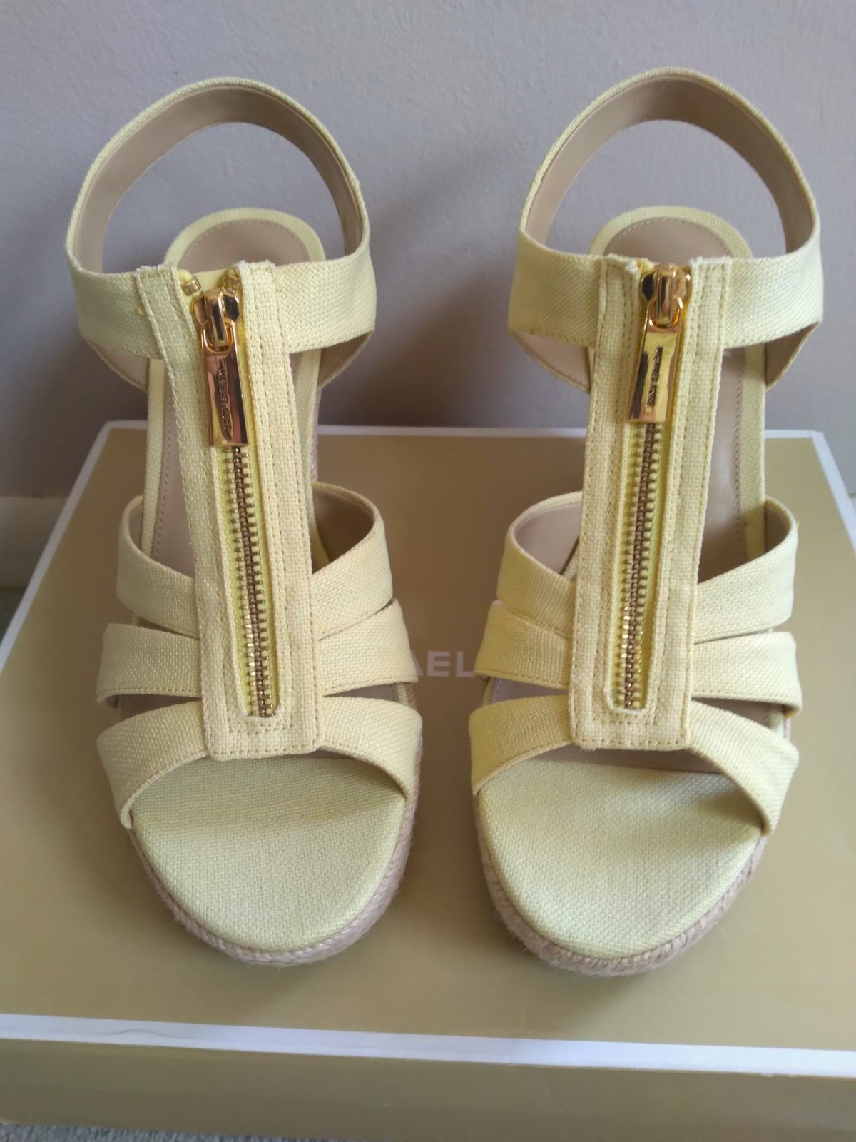 Michael Kors BERKLEY Wedge Sandal Buttercup Yellow Canvas Zipper 7.5 M NEW