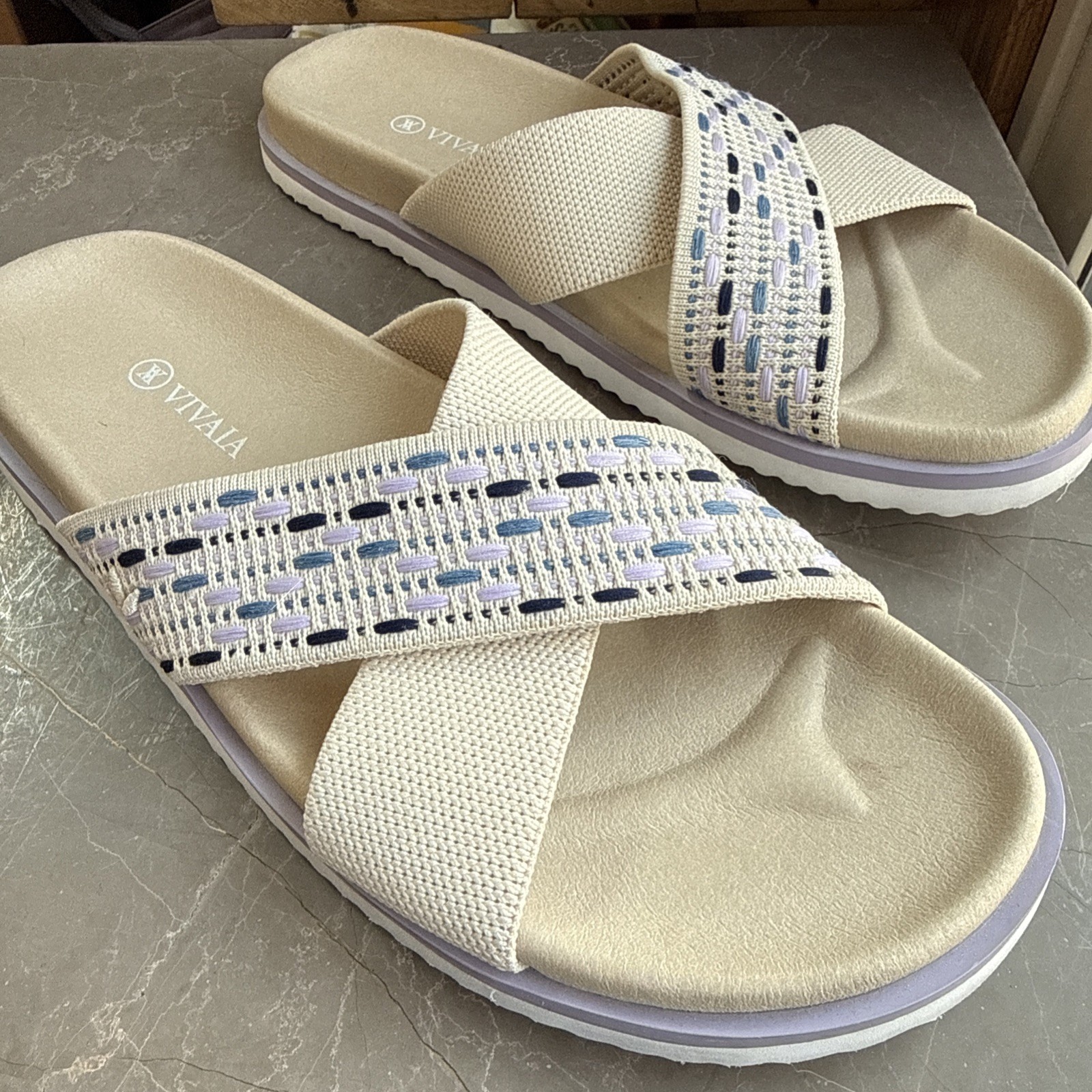 VIVAIA Criss Cross Strap Knit Slide Sandals in Lilac Navy EU 44 US 12 11.5”