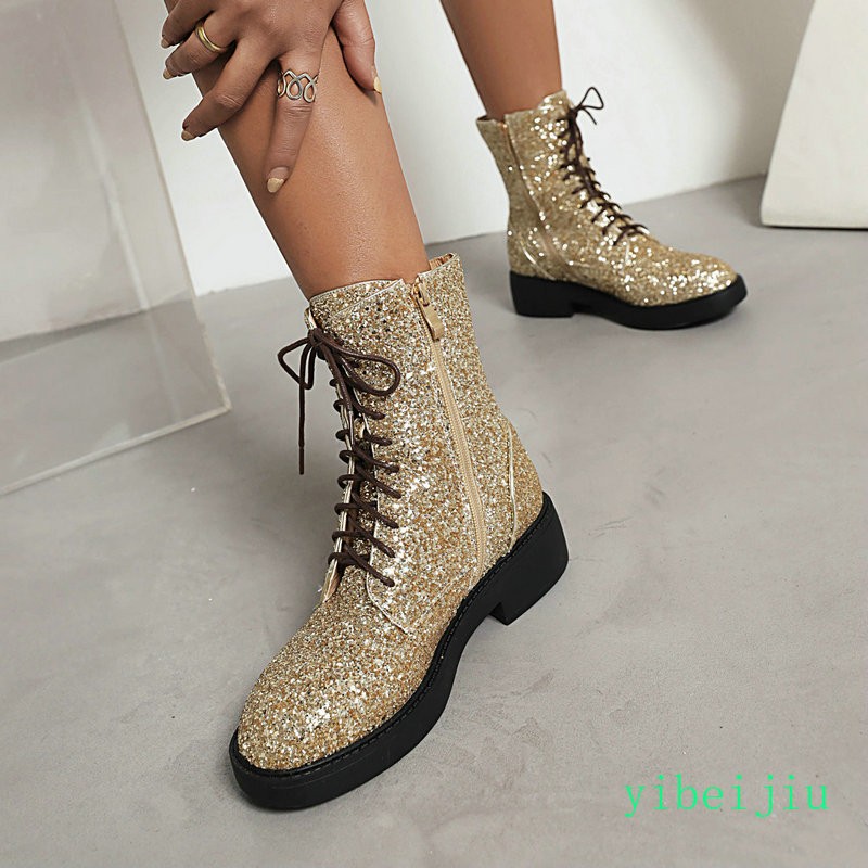 Women’s Glitter Sequins Ankle Boots Lace Up Performance Cosplay Shoes Plus Size