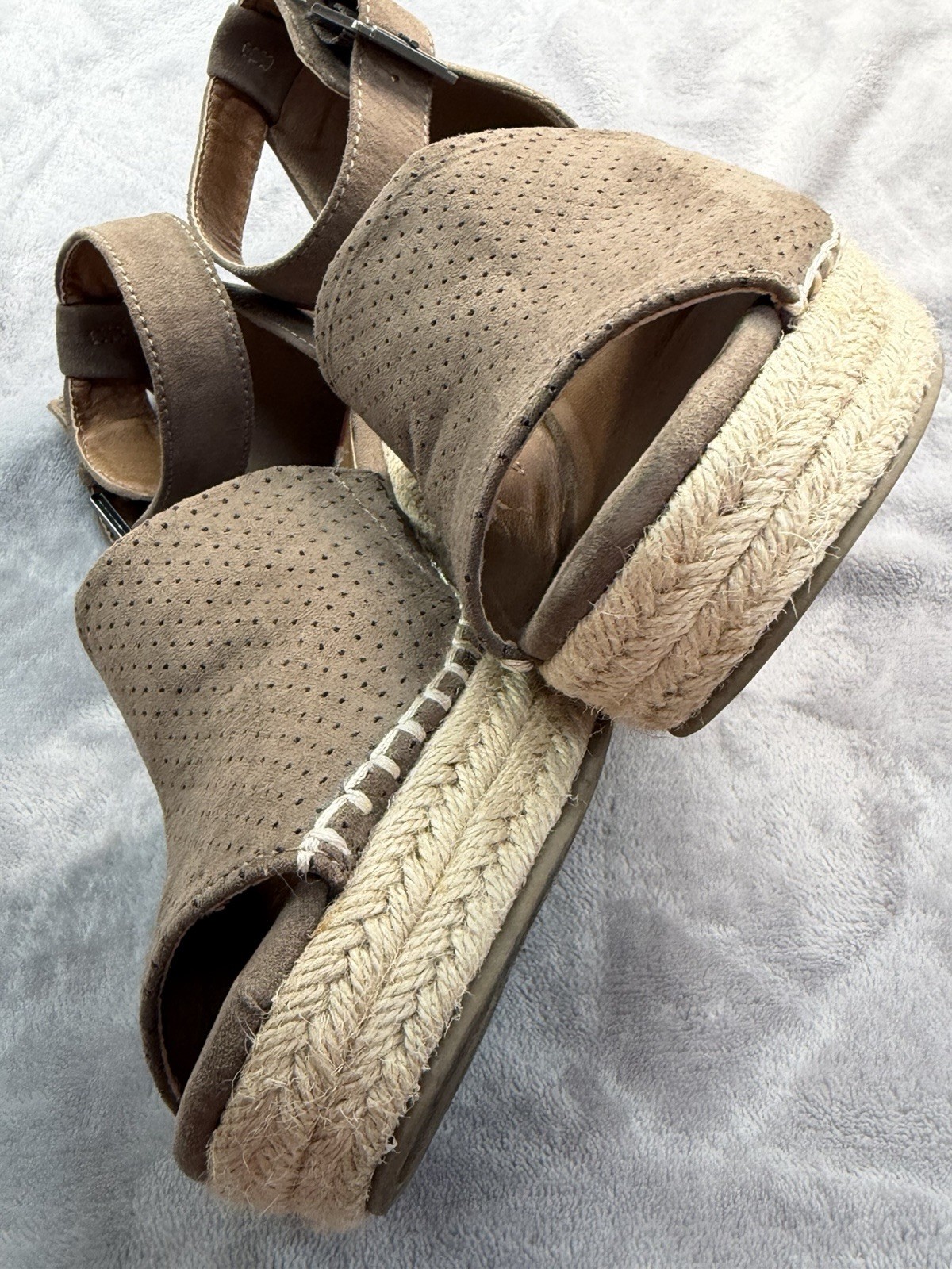 POP Women’s Taupe Suede Espadrille Wedge Sandals Perforated Ankle Strap