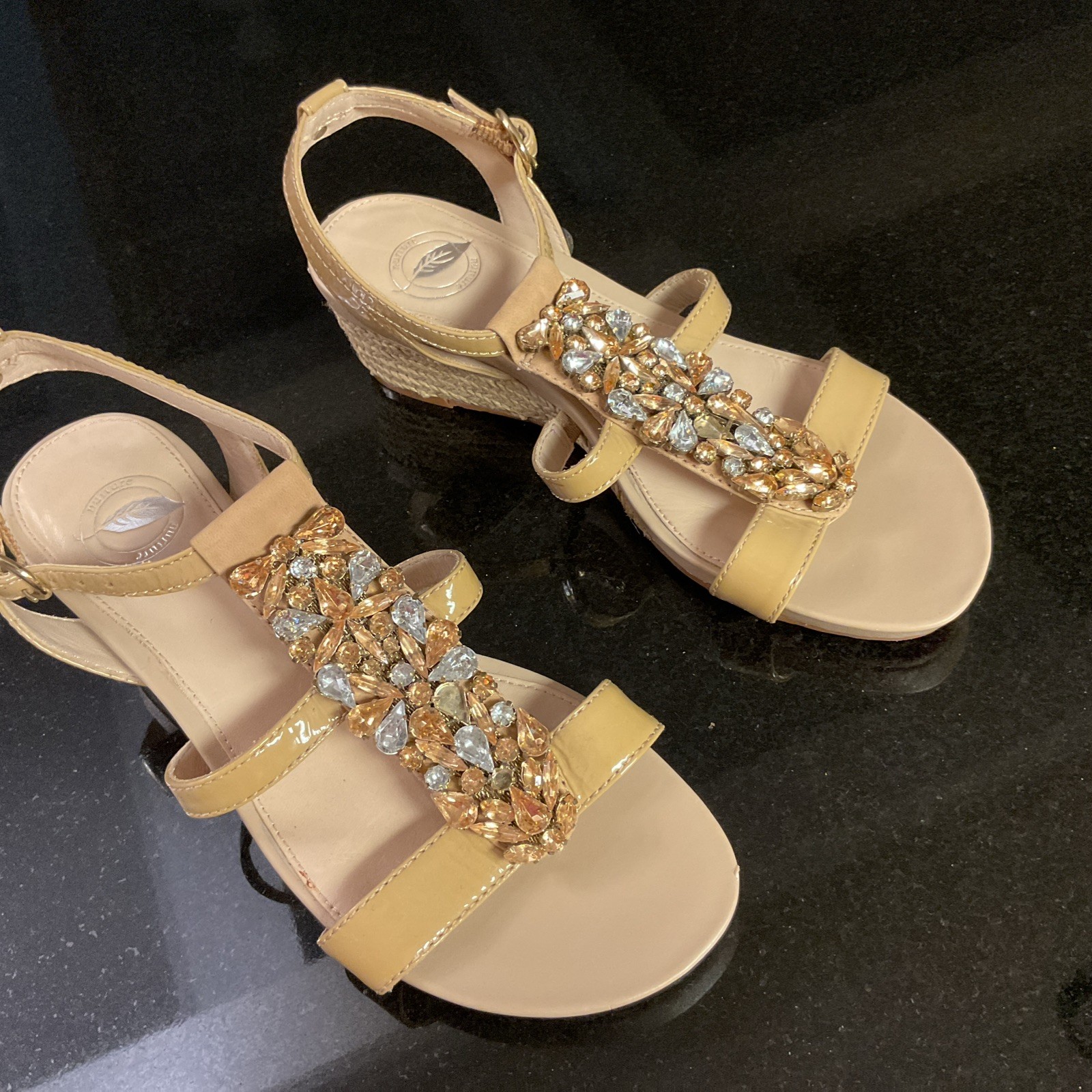 NURTURE By Lamaze Sandals Leather Gold Bling Rhinestones Wedges Sz 6.5,