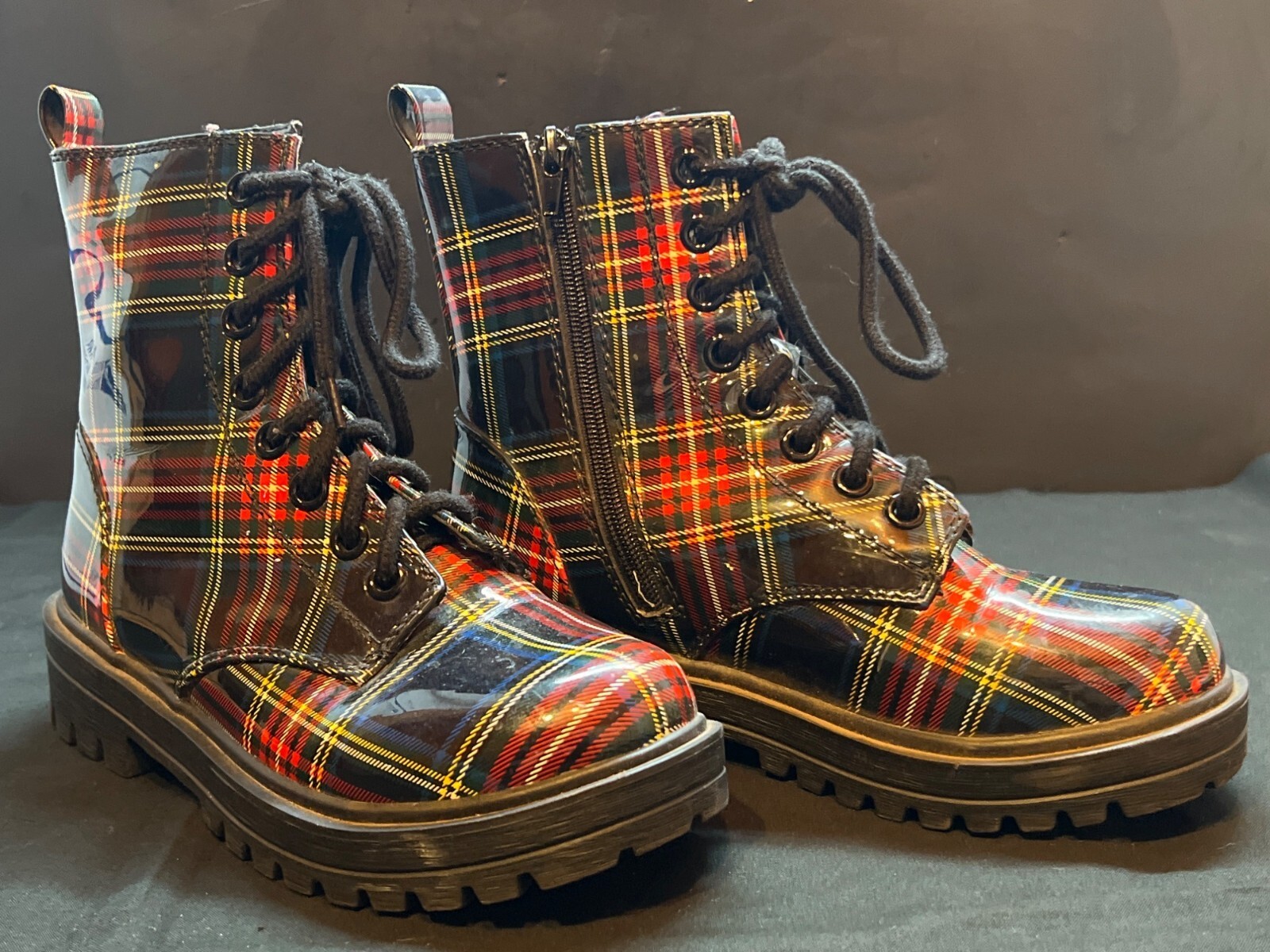 SODA Red & Yellow Plaid High-Gloss Combat Boots With Side Zipper & Lace-Up