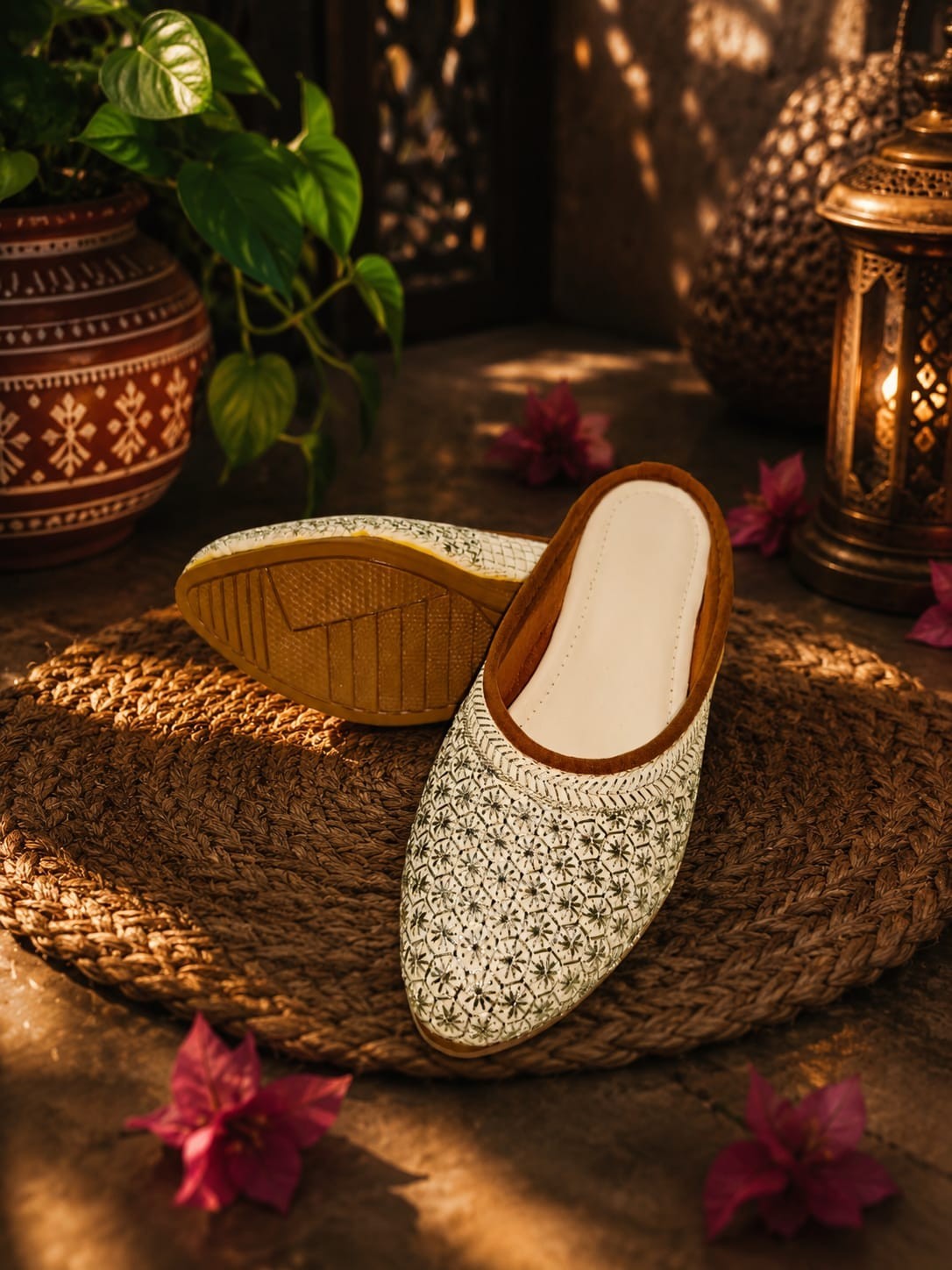 Women’s White Floral Embroidered Boho Mule Flats Slip On Ethnic Jutti Shoes
