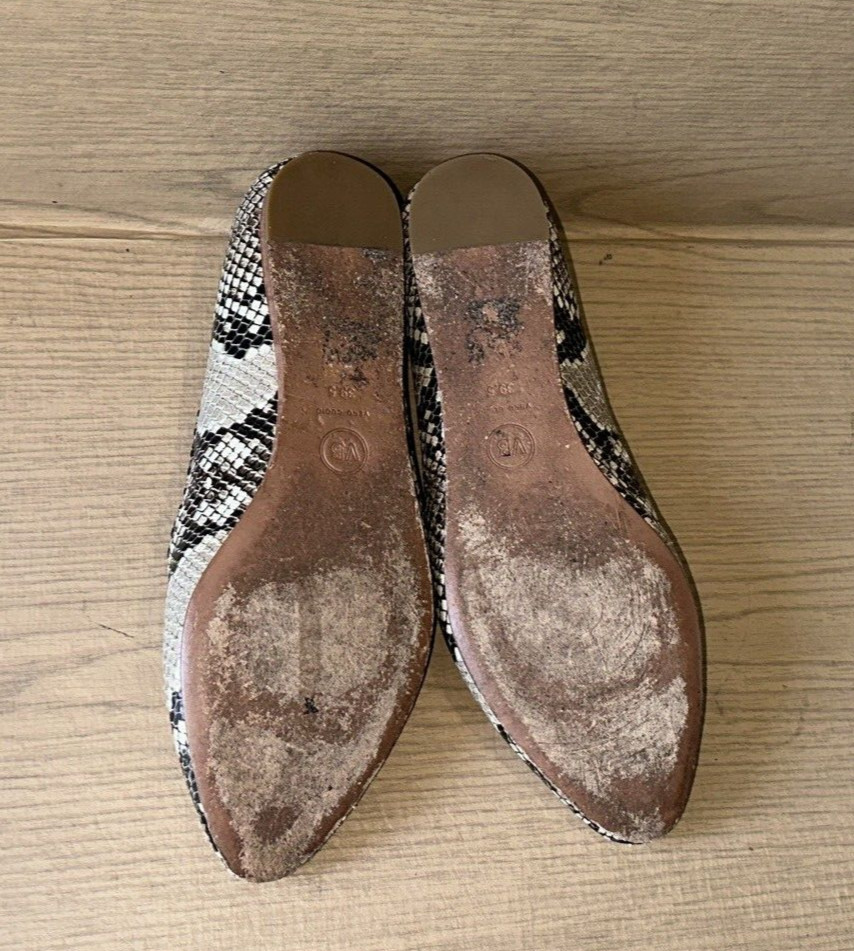VERONICA BEARD SNAKE PRINT LEATHER SEMI ROUND TIP DETAIL CASUAL FLATS Sz 39.5M