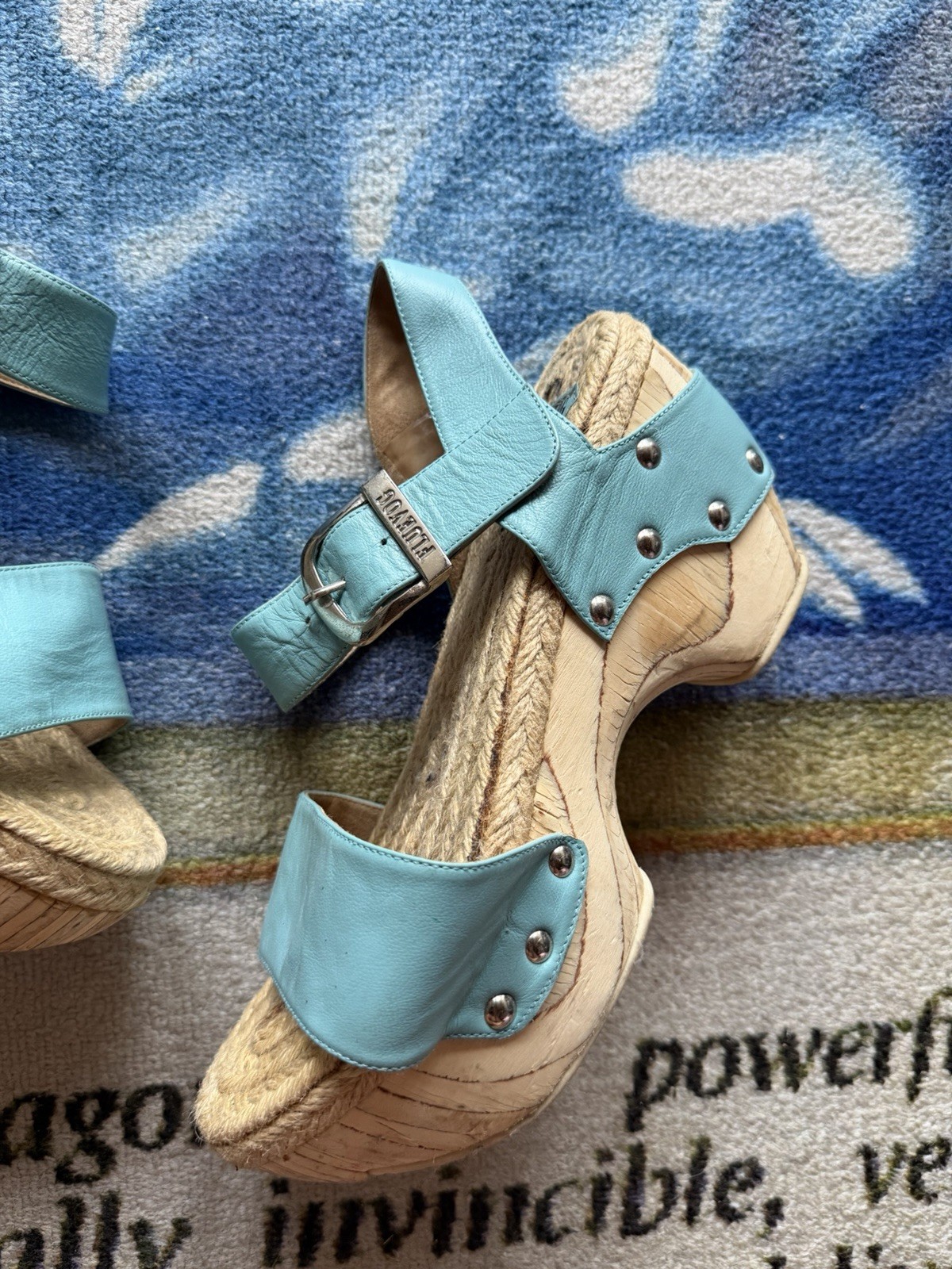 John Fluevog Rushmore Platform Mary Janes Clog Sandal Women’s 8 Blue Buckle Wood