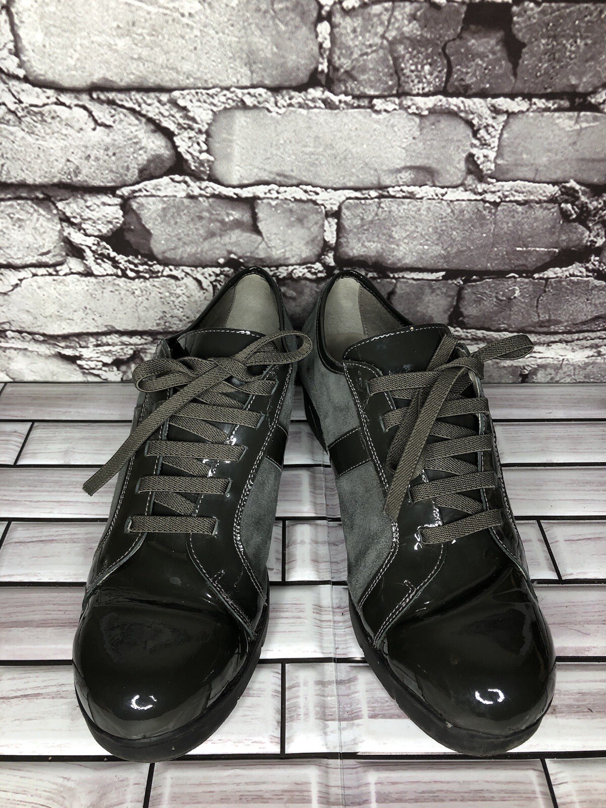 Charly Fox Gray Suede Patent Leather Lace Up Casual Wedge Shoes Women 39EU/8.5US