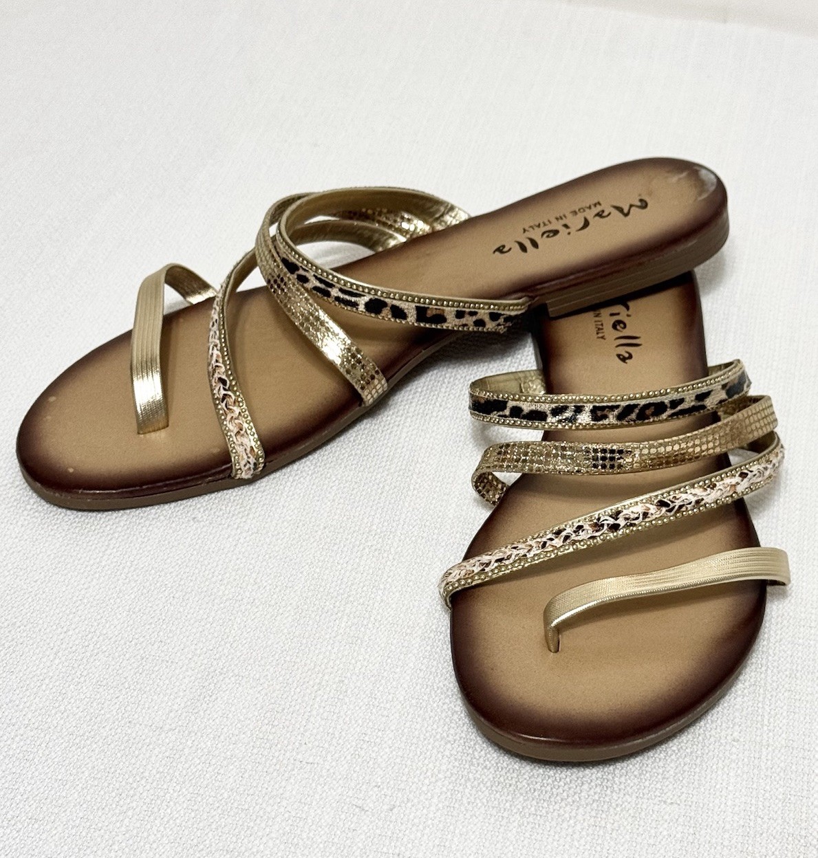Mariella Sandals Womens 9.5M Strappy Embellished Tan Gold Leopard Made In Italy