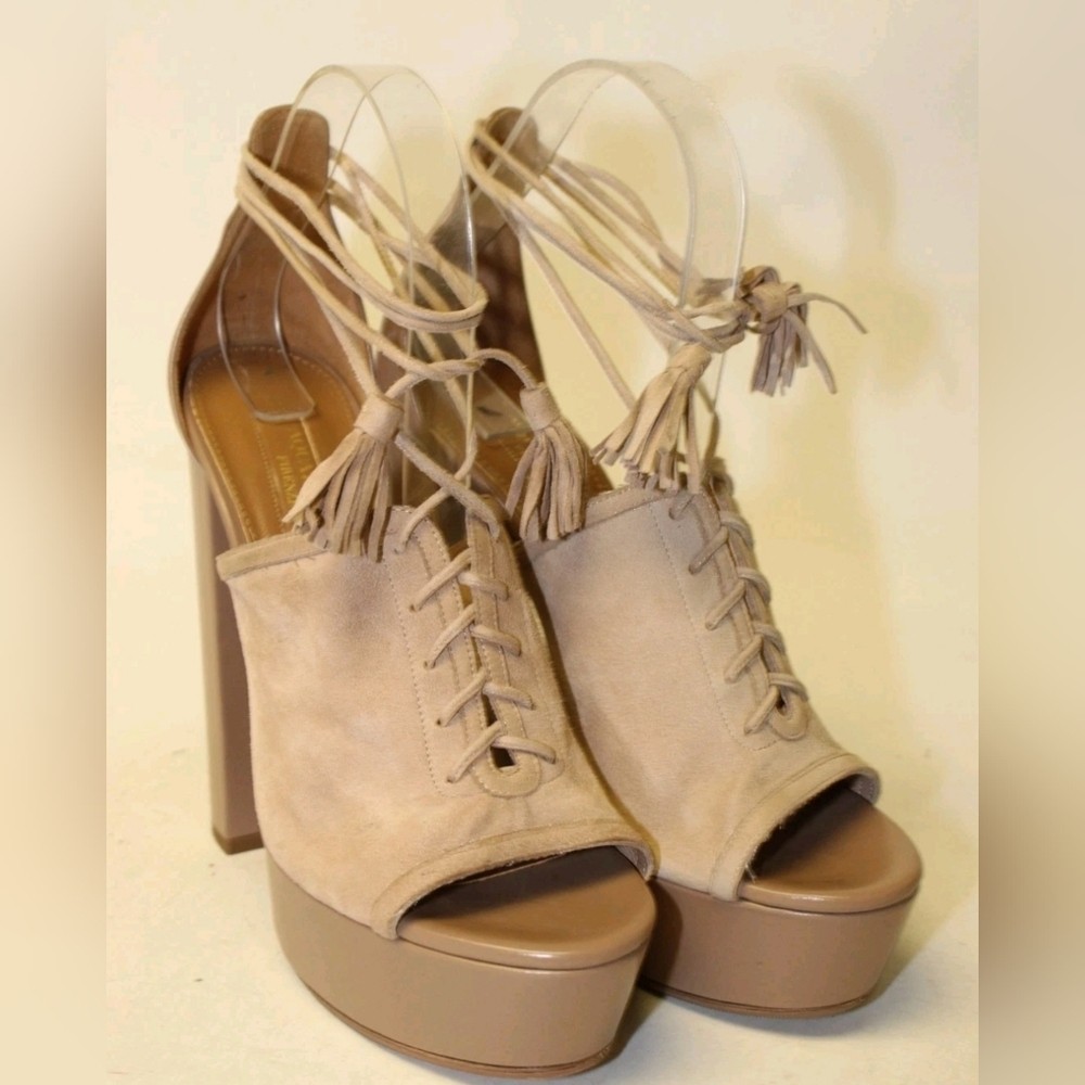 Aquazzura Tan Lace-Up Platform Heels Italy Made Jac Plateau 140 7 Suede