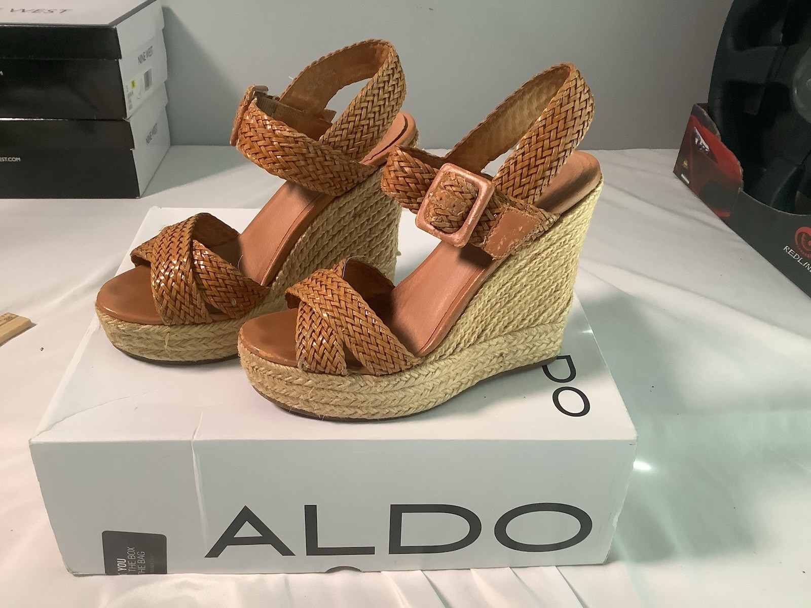Aldo Wedge Platform Sandals Shoes Size 5.5 36b Tan With Box S2