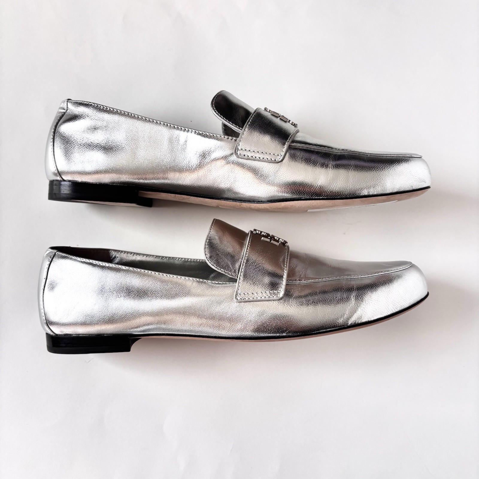 Tory Burch Eleanor Leather Loafer Silver Sz 8.5 New