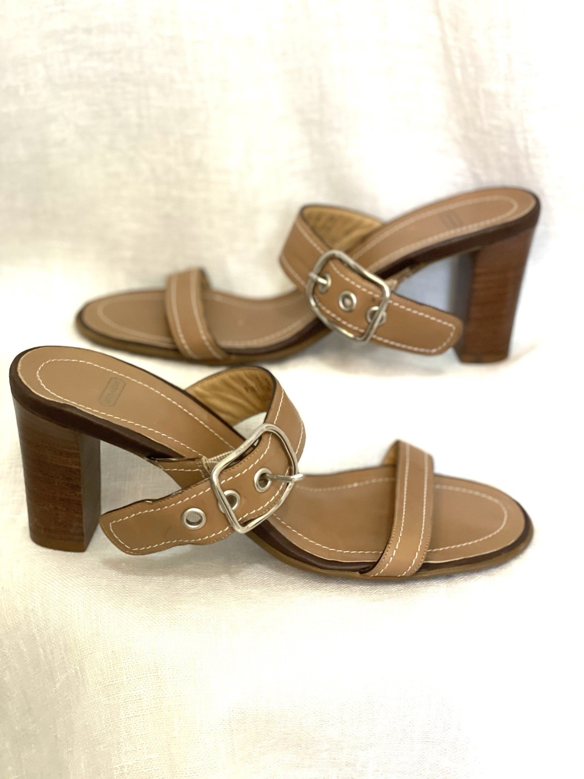 Coach Café Au Lait Nicki Leather 2 Straps, 3in Heel Women’s Sandals, Italy Sz 6B