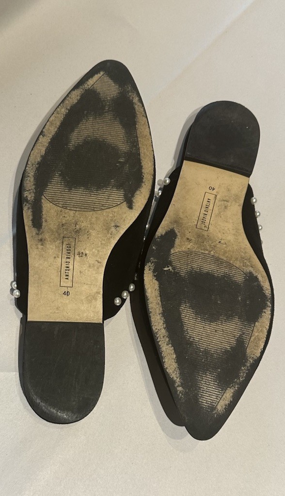 Antonio Biaggi black suede mules pointed toe accented with pearl studs Size 40