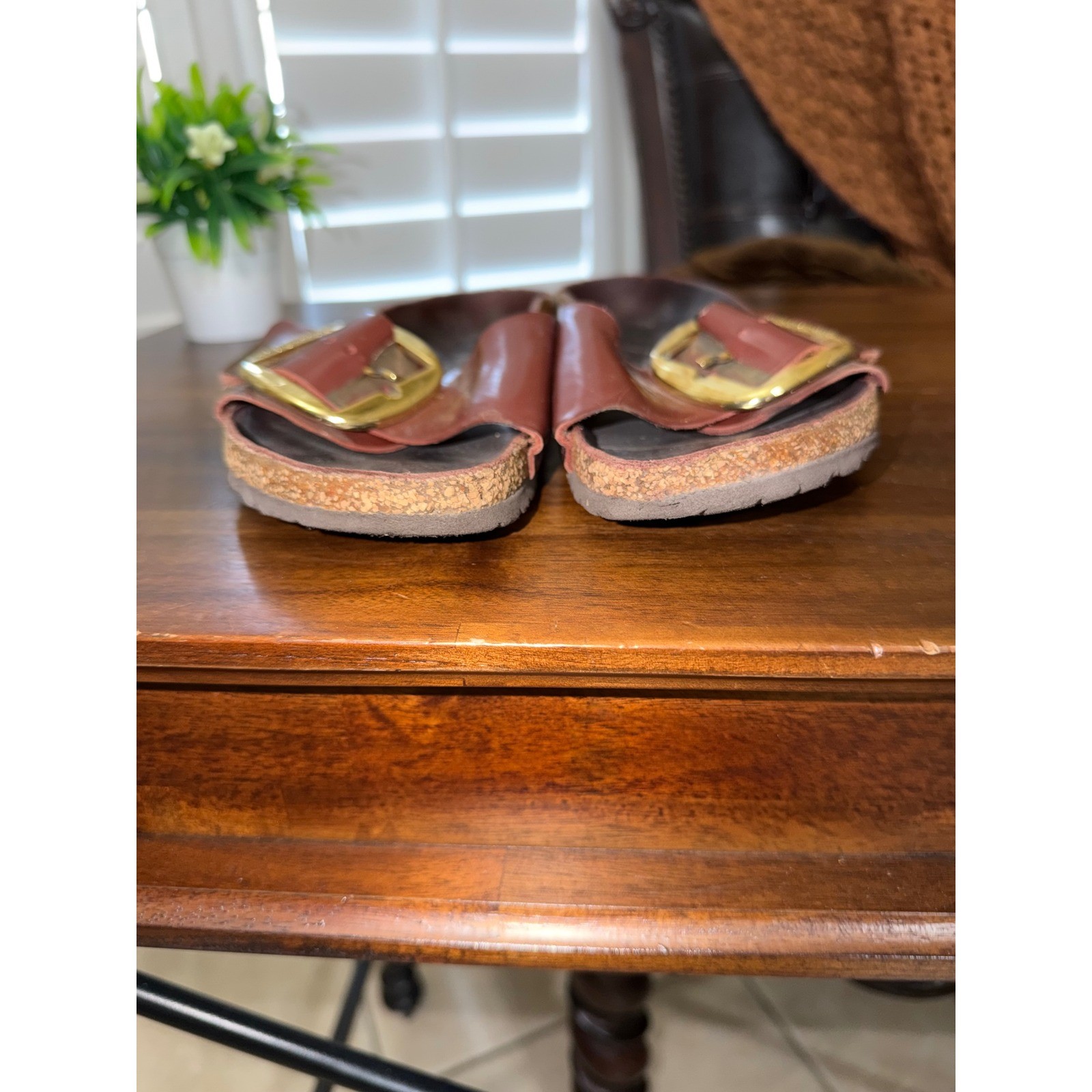 Birkenstock Madrid Big Buckle Cognac Leather Slides Gold Buckle Sandals 39