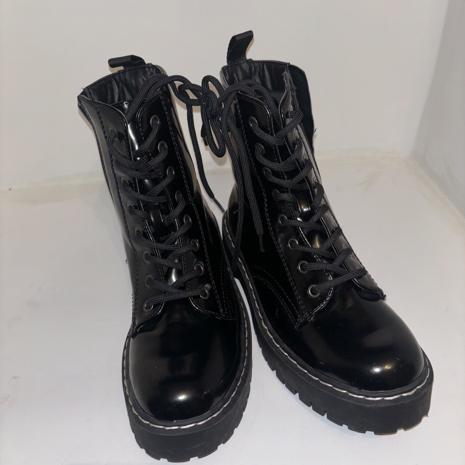 Sincerely Jules Harley Black Patent Leather Combat Boot Side Zip Gothic Punk 6.5