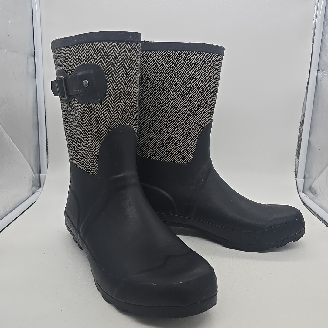 Chooka Classic Mid Cafe Racer Herringbone Boots Black Gray Womens 8 New