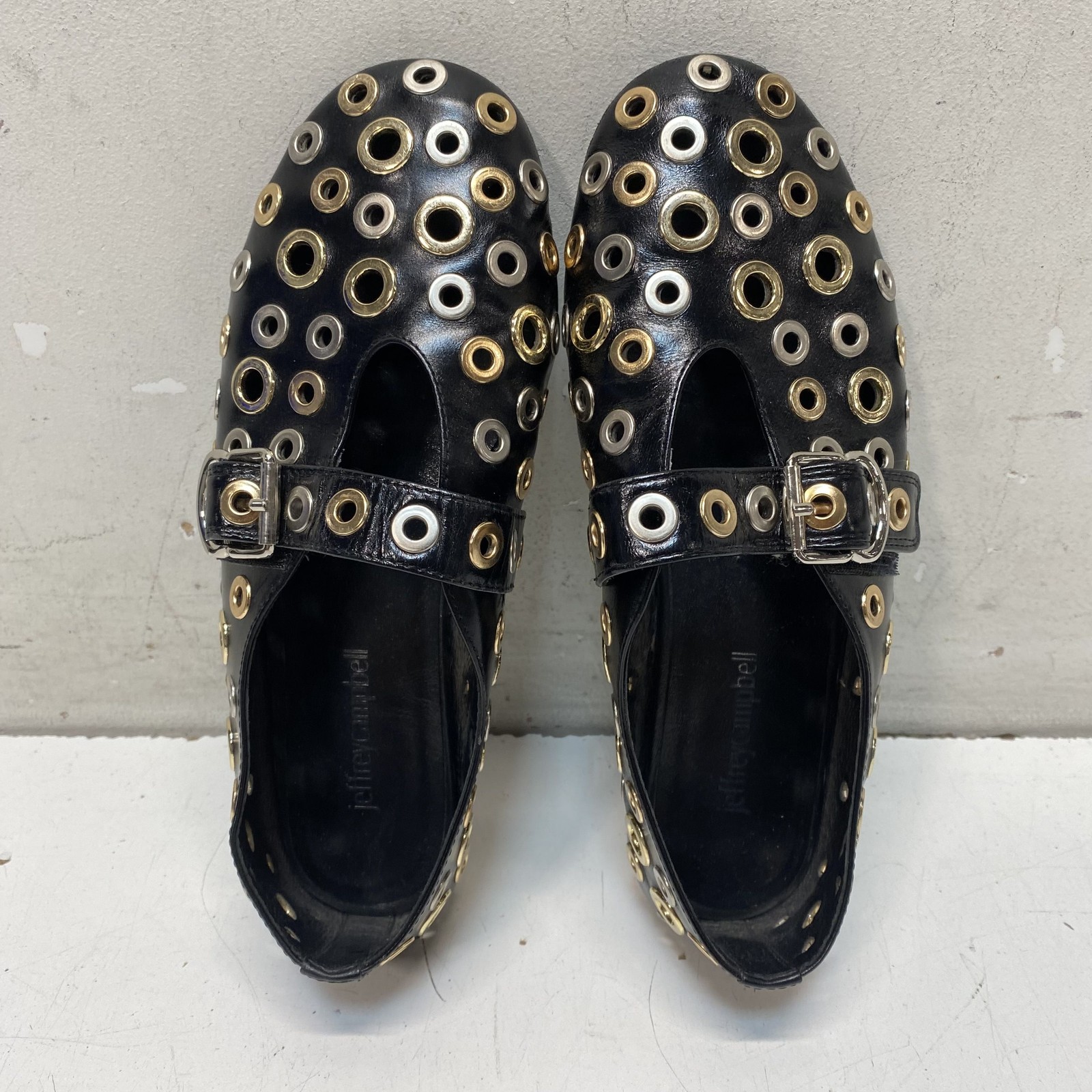 Jeffrey Campbell Black Leather Eyelet Grommet Buckle Mary Jane Flats Size 6