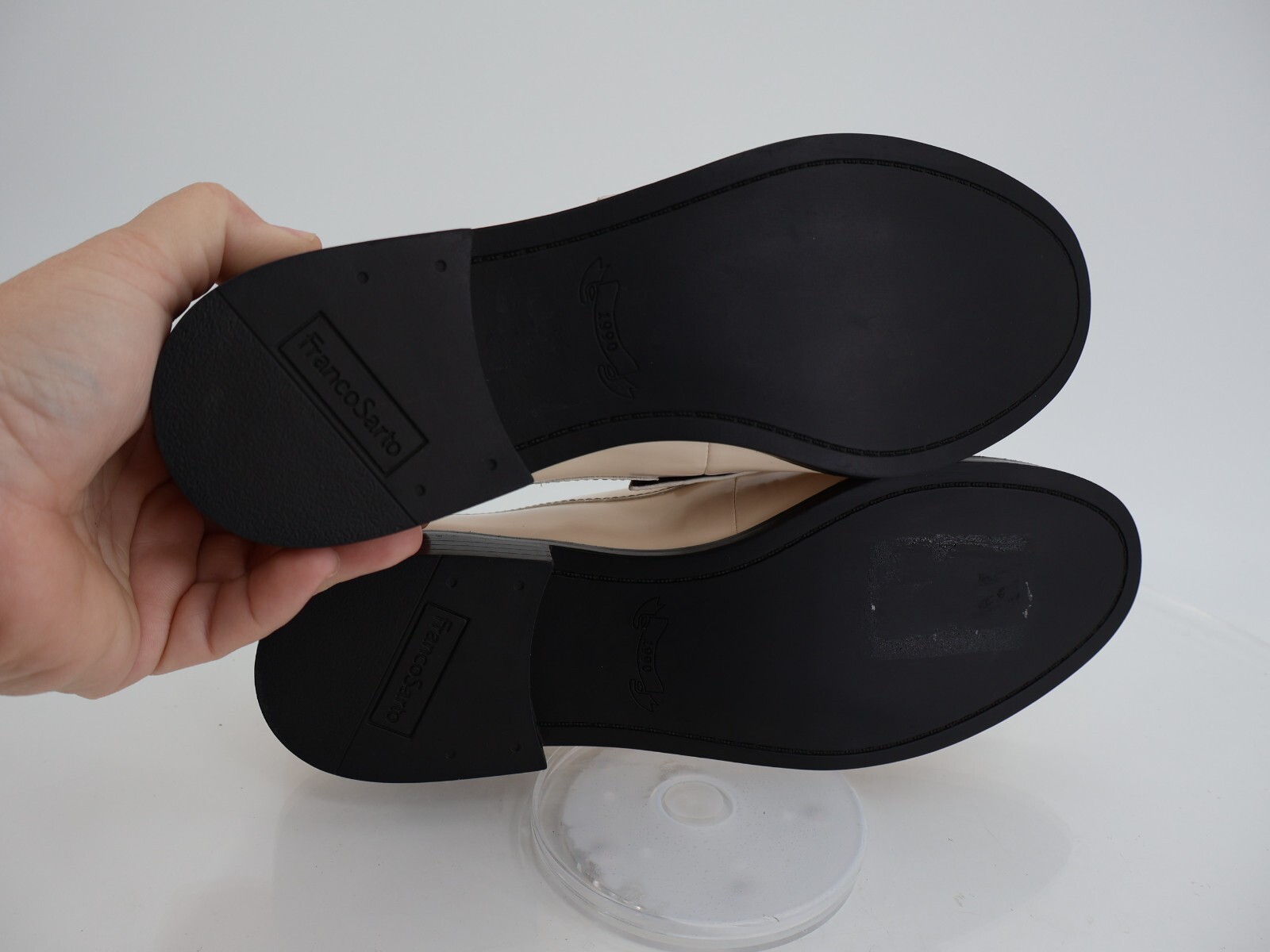 Franco Sarto Alonzo Penny Loafer Slip on Shoes Size 9 Beige Black Patent Vegan
