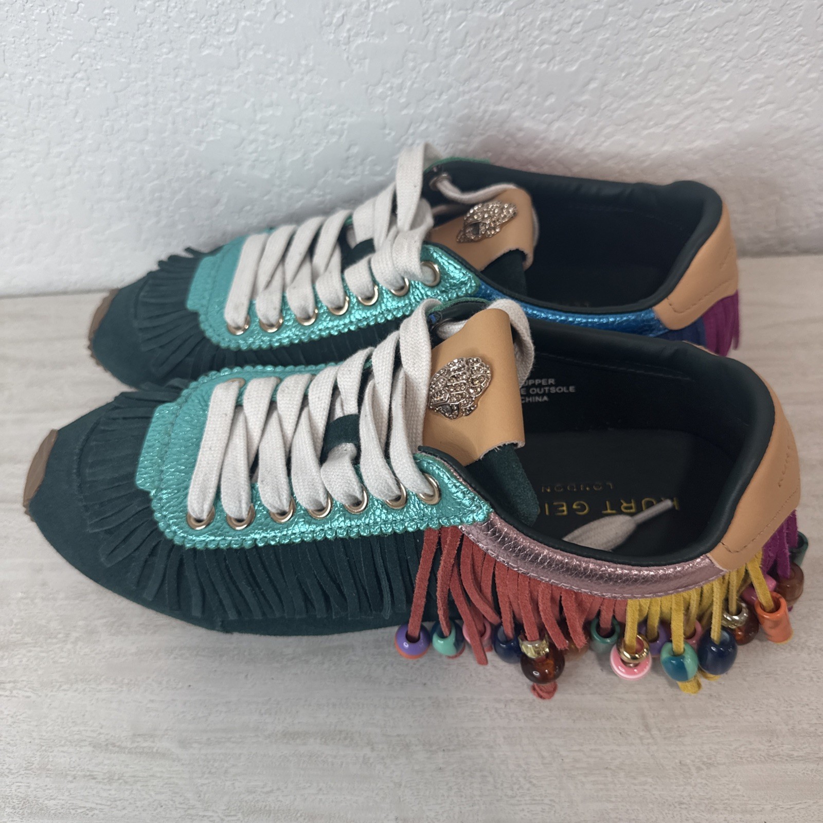Kurt Geiger London Islington Green Suede Beaded Tassel Fringe Sne Shoe 8.5 Women