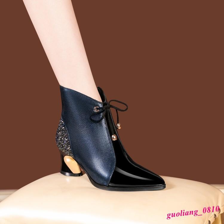 Women’s Leather Ankle Boots Formal Shoes Chunky Heel Pointed Toe