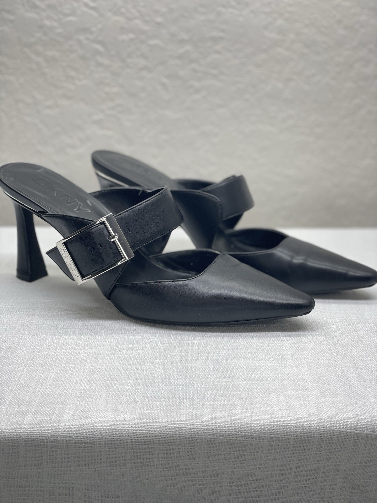 DKNY Women’s Black Faux Leather Pointed Toe Stiletto Buckle Mule 9