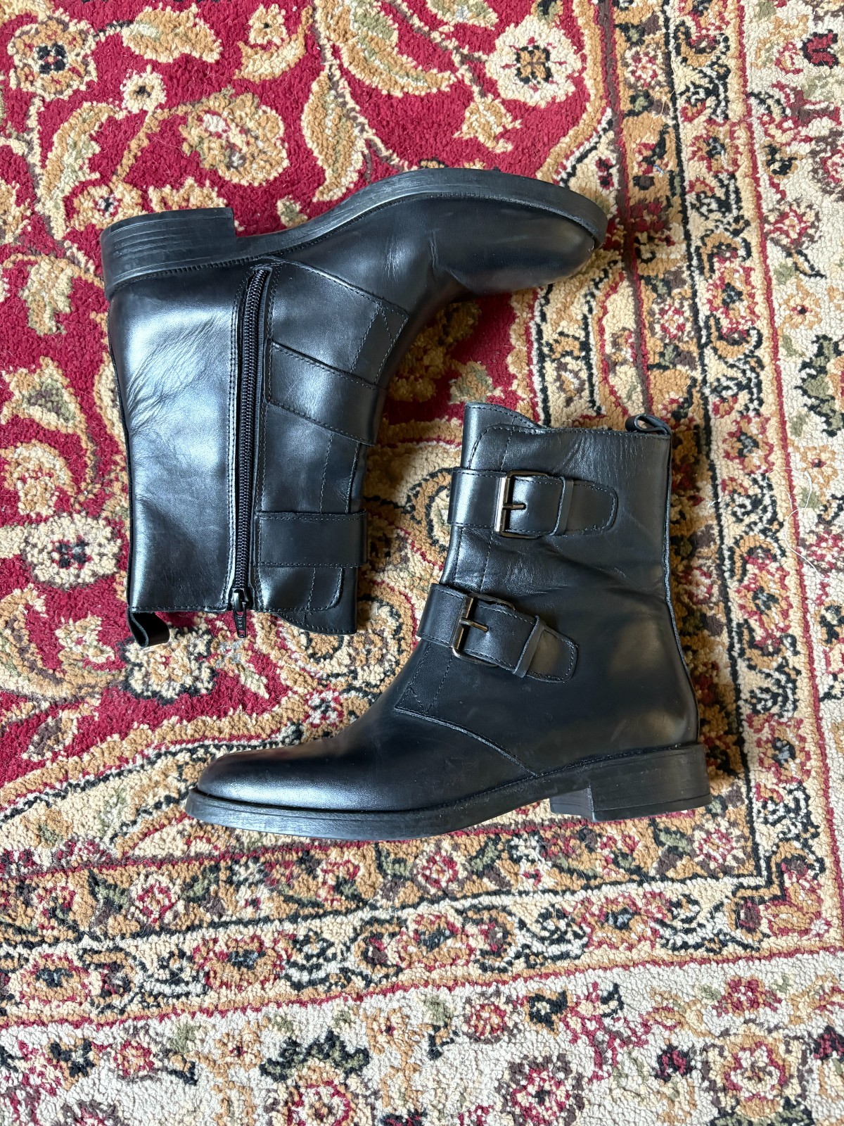 Emanuele Crasto Italian Leather Moto Ankle Boot Black Double Buckle Women 39 8.5