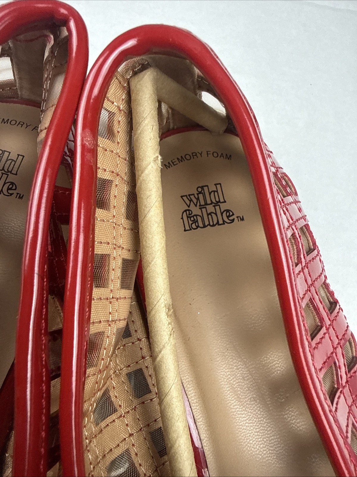 red Wild Fable Lorelei Woven Mary Jane flats feature a lattice-style
