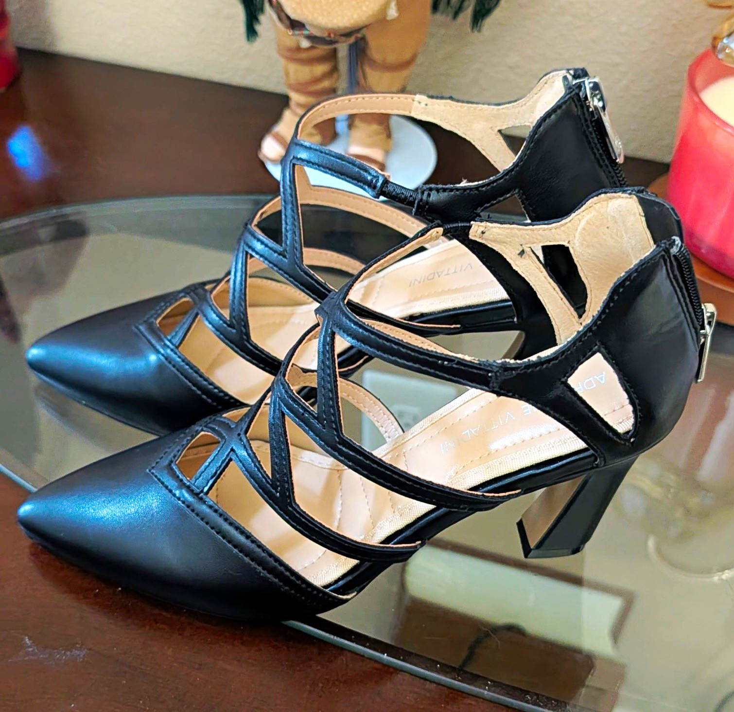 Adrienne Vittadini Women’s Black Strappy Pointed Toe Block Heel Zip, 8