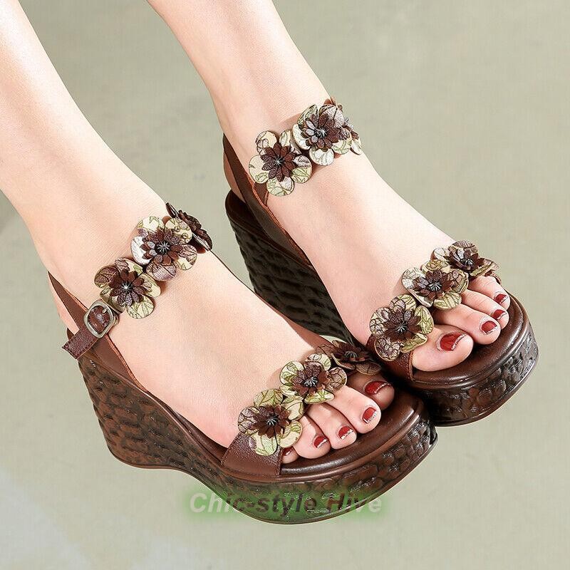 Women Floral Casual Retro Platform Wedge Heels Peep Toe Fashion Sandals Shoes