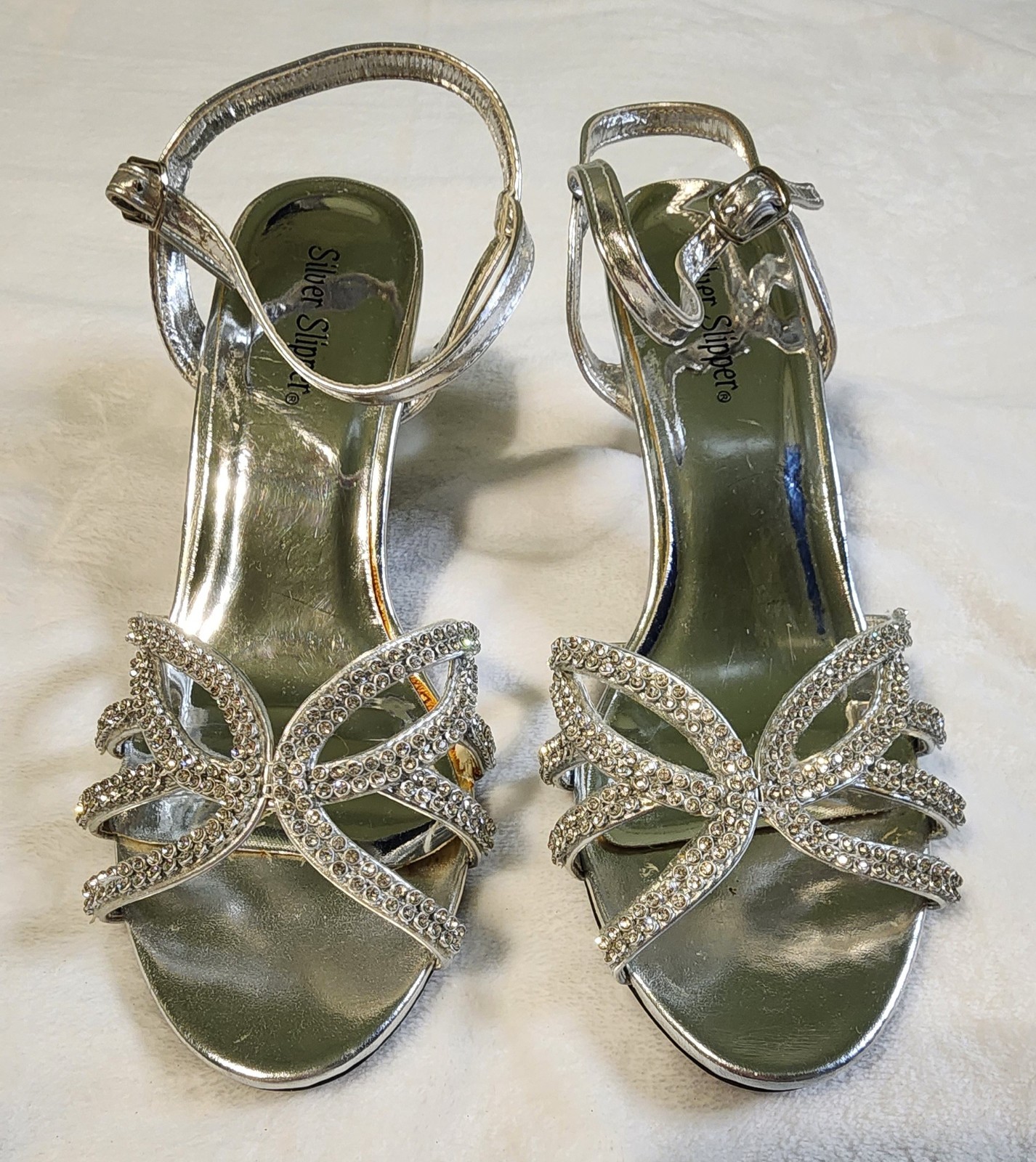 Silver Slipper Rhinestone Beaded Silver Strappy Heels, EUC, Size 7