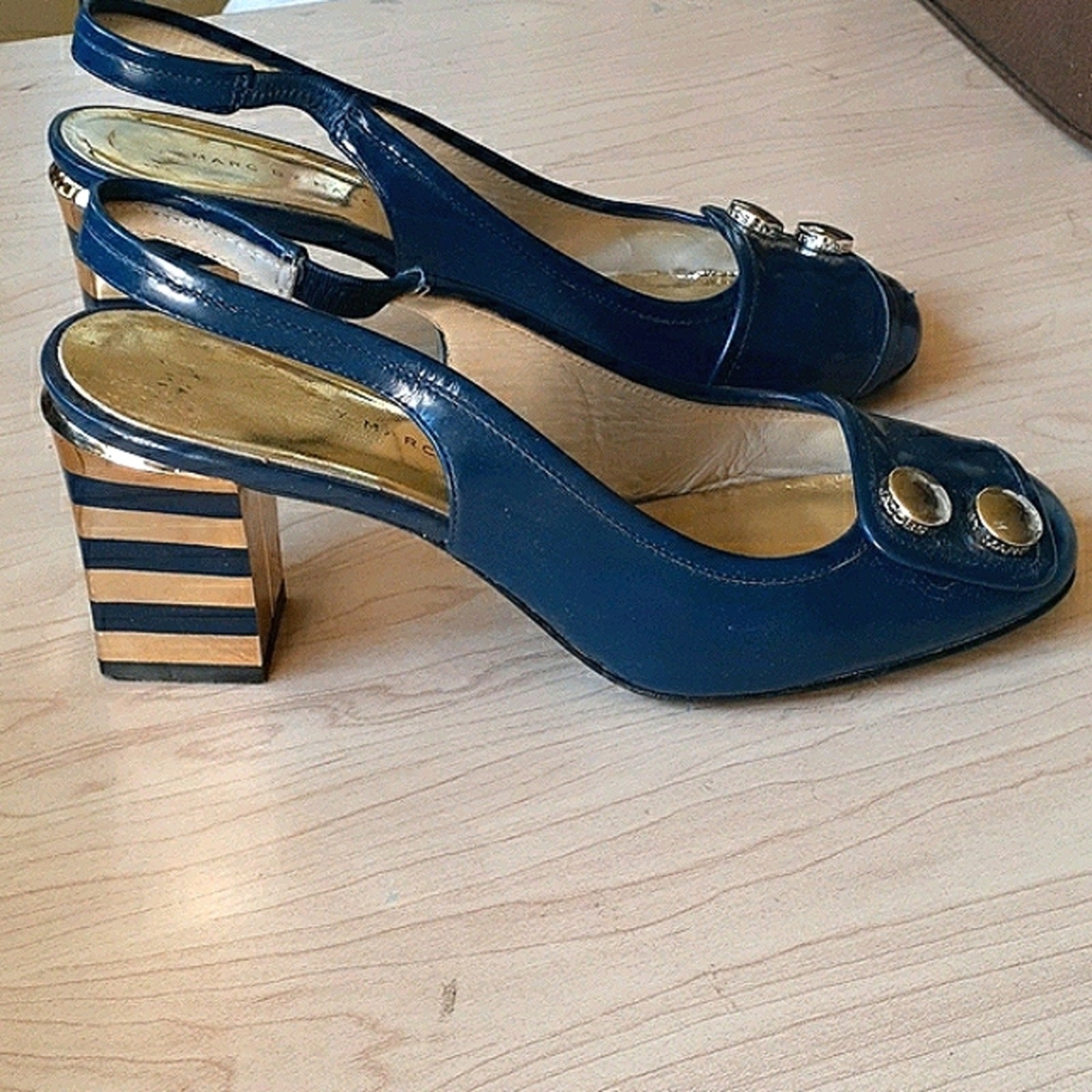 Marc by Marc Jacobs Sliingbacks Blue Gold Striped Heels 35.5 Art Deco City Chic