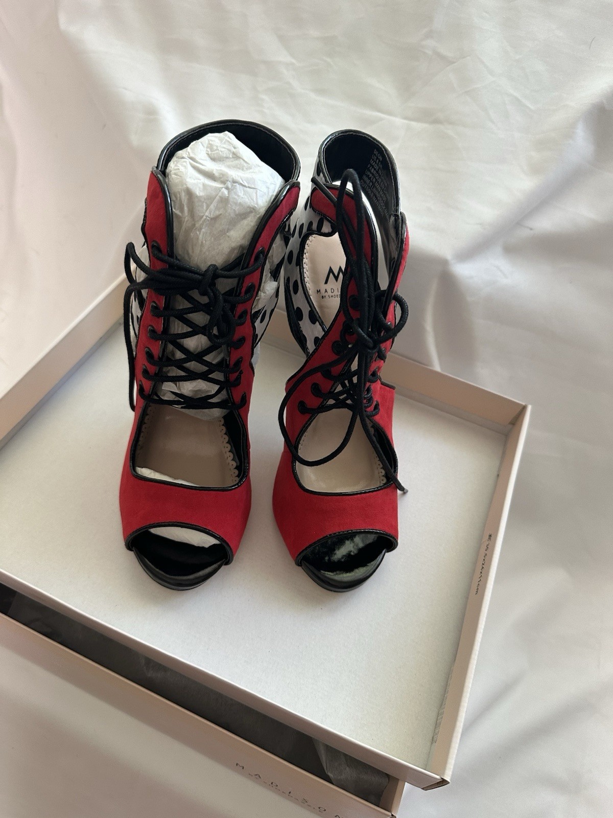 Madison by Shoedazzle Red White Black Polka Dot Lace-Up Open Toe Heels 6.5