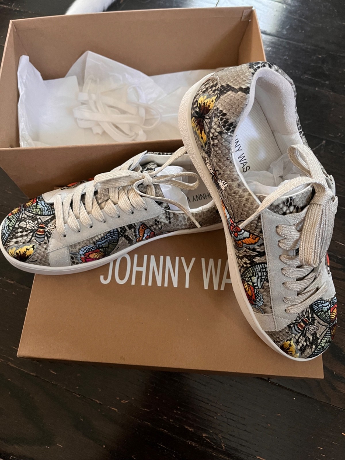 Johnny Was Dreamer Sneakers, snakeskin and butterfly print w/ box
