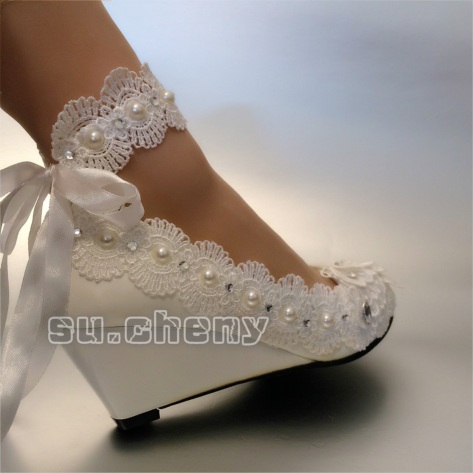 su.cheny White ivory wedge pearls lace ribbon anklet Wedding Bridal heels shoes